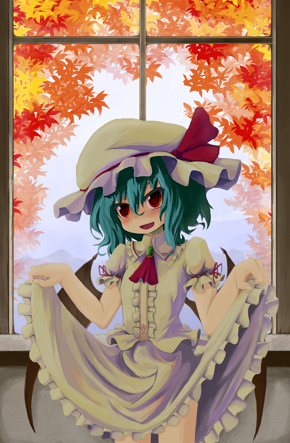 sorrau, remilia scarlet, touhou, bad id, bad pixiv id, highres, 1girl, autumn leaves, bat wings, blue hair, clothes lift, female focus, hat, leaf, open mouth, red eyes, short hair, skirt, skirt lift, smile, solo, wings