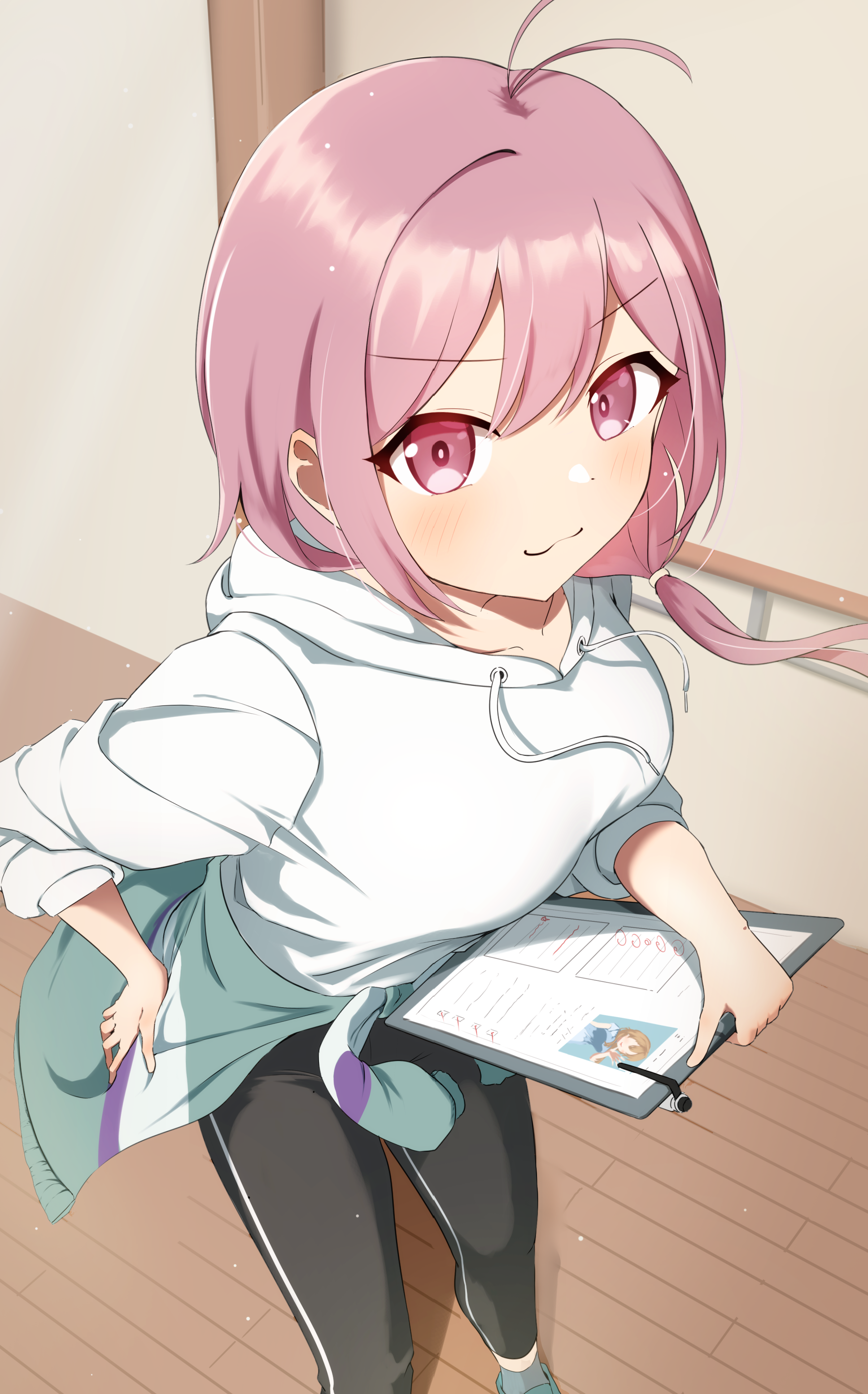 nanafuku, shine post, absurdres, highres, 1girl, :3, antenna hair, aqua shoes, black pants, breasts, clipboard, closed mouth, clothes around waist, from above, hair between eyes, holding, holding clipboard, hood, hoodie, indoors, izumino koyume, jacket, jacket around waist, long hair, looking at viewer, low side ponytail, pants, paper, pink eyes, pink hair, shoes, solo, white hoodie