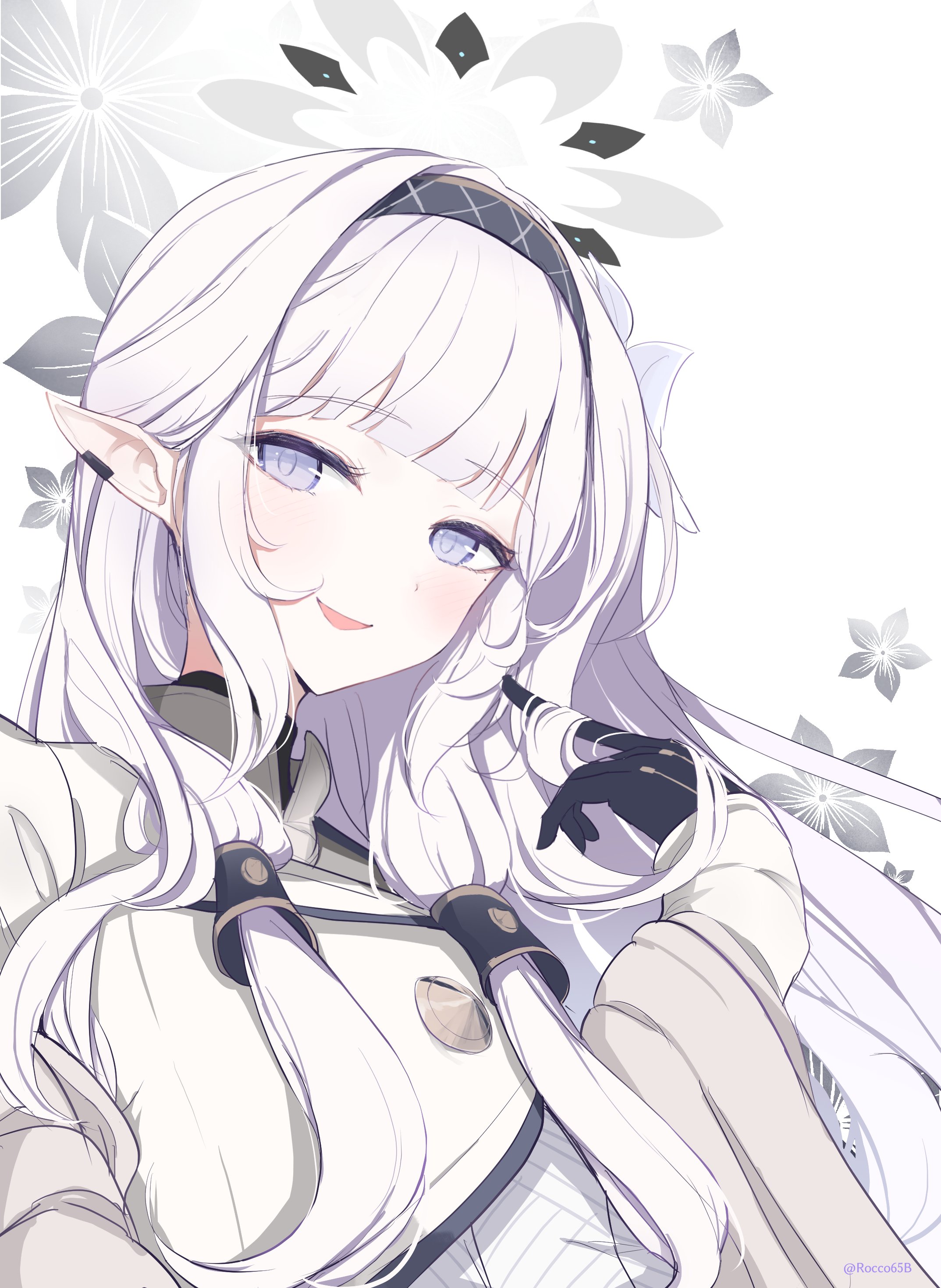 sakurano rocco, himari (blue archive), blue archive, absurdres, commentary, hashtag-only commentary, highres, symbol-only commentary, 1girl, black gloves, black hairband, black halo, earclip, elf, floral background, flower, gloves, grey halo, hair flower, hair ornament, hair tubes, hairband, halo, hand in own hair, jacket, long hair, long sleeves, looking at viewer, mole, mole under eye, multicolored halo, open mouth, pointy ears, purple eyes, smile, striped clothes, striped hairband, two-tone halo, white background, white hair, white halo, white jacket