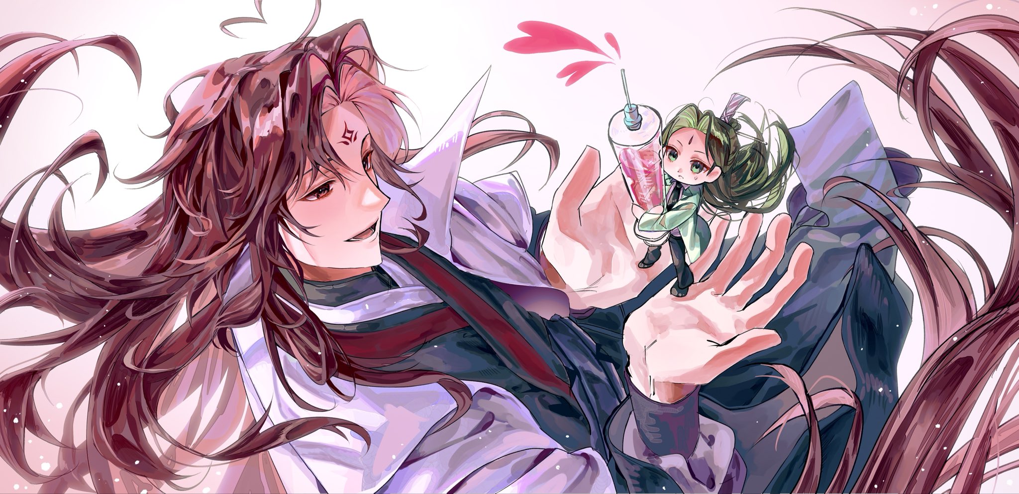 luo binghe, shen qingqiu, renzha fanpai zijiu xitong, highres, 2boys, ahoge, bindi, black hanfu, black pants, black shoes, brown hair, chibi, chinese clothes, closed mouth, collared robe, curtained hair, floating hair, from above, frown, gradient background, green eyes, green hair, green robe, half updo, hands up, hanfu, heart, heart ahoge, holding, holding mini person, holding syringe, large syringe, light particles, long hair, long sleeves, looking at another, lower teeth only, male focus, mini person, multiple boys, open mouth, oversized object, palms, pants, parted bangs, pink background, popped collar, red eyes, robe, shoes, sidelocks, smile, somomori, sweatdrop, syringe, teeth, very long hair, white background, white robe, wolf cut, xiao guan (headdress)