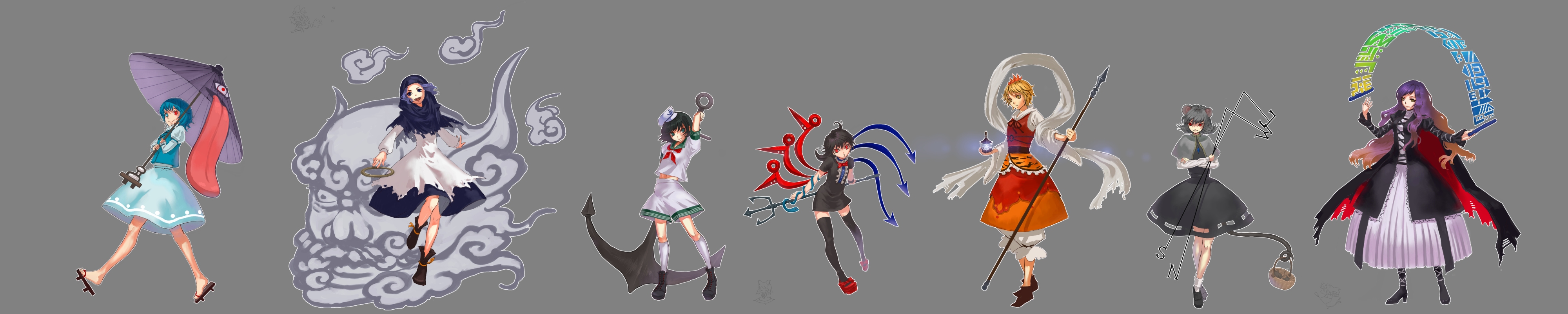 vica, hakurei reimu, hijiri byakuren, houjuu nue, kirisame marisa, kochiya sanae, kumoi ichirin, murasa minamitsu, nazrin, tatara kogasa, toramaru shou, unzan, touhou, silver hair, absurdres, highres, long image, wide image, 6+girls, anchor, bishamonten's pagoda, black hair, blonde hair, blue eyes, blue hair, brown hair, dress, everyone, green eyes, heterochromia, hood, karakasa obake, multiple girls, purple hair, red eyes, sorcerer's sutra scroll, tongue, umbrella, yellow eyes