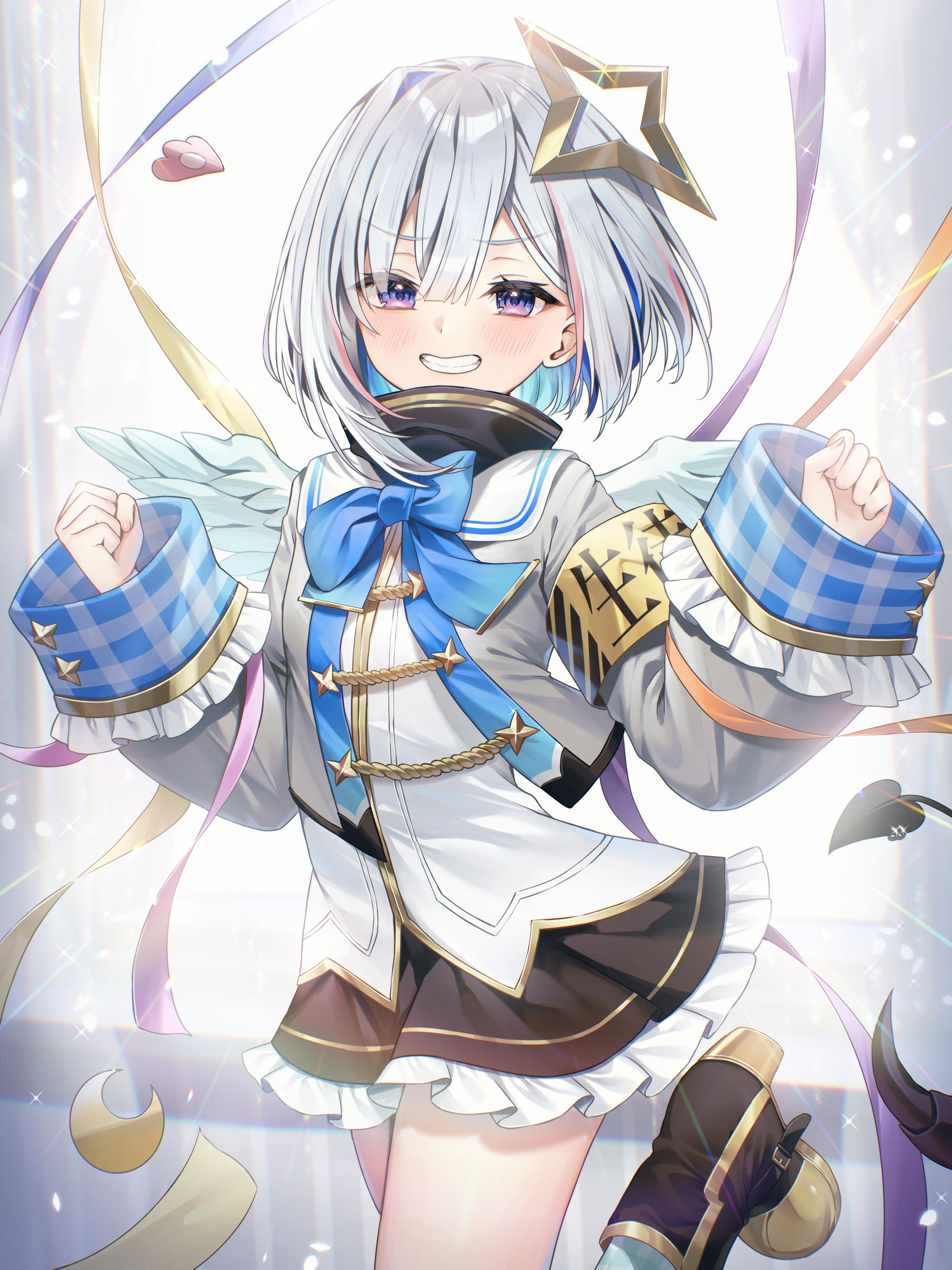 runlan 0329, amane kanata, amane kanata (1st costume), hololive, absurdres, commentary request, highres, 1girl, :d, aiguillette, angel wings, armband, asymmetrical hair, black boots, black skirt, blue bow, blue bowtie, blue hair, blue wings, bob cut, boots, bow, bowtie, colored inner hair, cropped jacket, feathered wings, frilled skirt, frills, gradient wings, grey hair, grey jacket, grin, halo, hands up, jacket, long sleeves, looking at viewer, mini wings, miniskirt, multicolored hair, multicolored wings, open mouth, pink streaks, purple eyes, sailor collar, shirt, short hair, single hair intake, skirt, sleeve cuffs, sleeves past wrists, smile, solo, standing, standing on one leg, star halo, streaked hair, tilted halo, turtleneck, virtual graduation commemoration, virtual youtuber, white sailor collar, white shirt, white wings, wide sleeves, wings