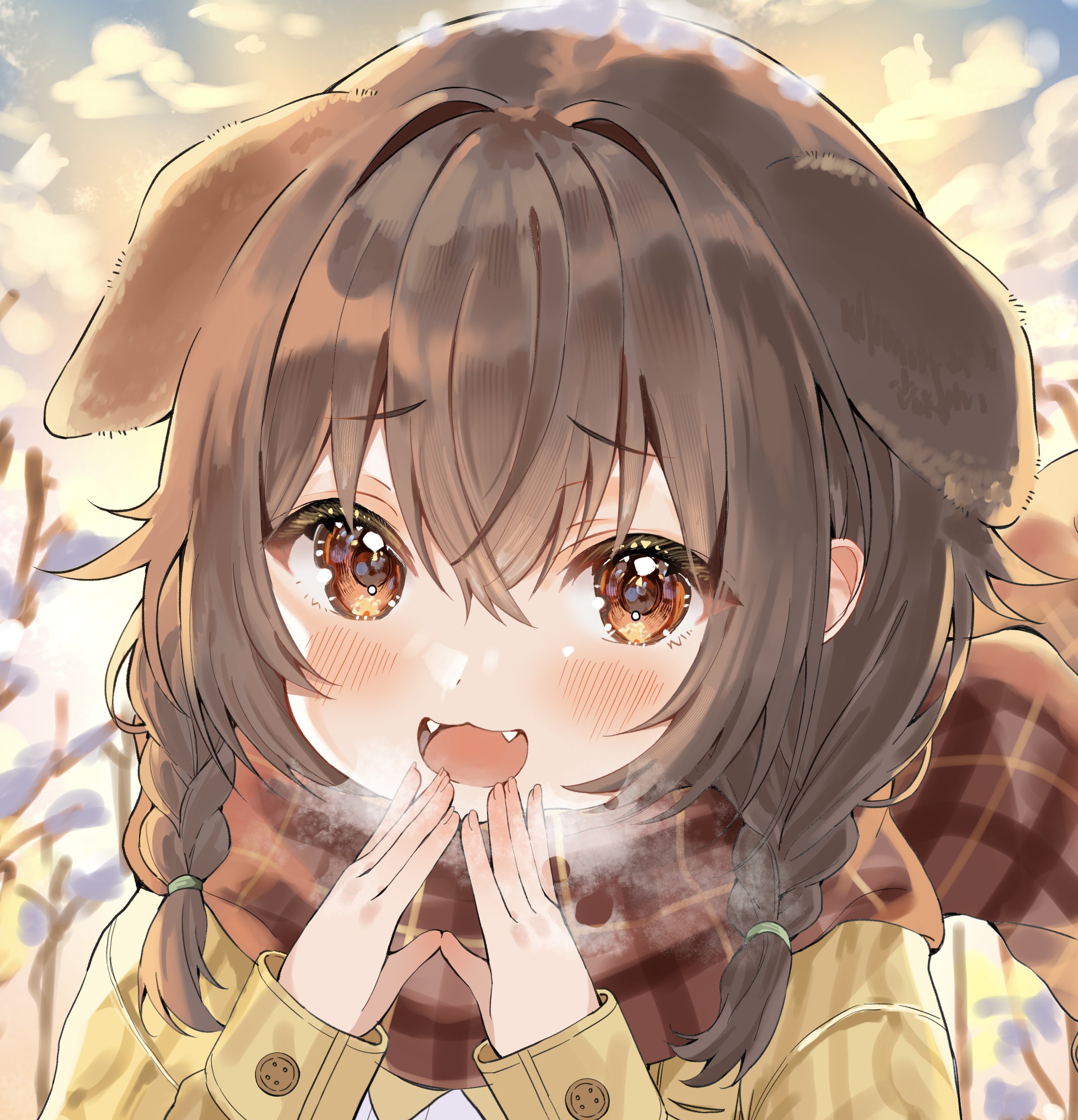 wasemkn, inugami korone, hololive, absurdres, highres, 1girl, animal ears, blush, braid, breath, brown eyes, brown hair, buttons, dog ears, dog girl, fangs, hair between eyes, hands up, jacket, long hair, looking at viewer, open mouth, plaid clothes, plaid scarf, portrait, red scarf, scarf, sleeves past fingers, sleeves past wrists, smile, solo, twin braids, very long hair, virtual youtuber, yellow jacket