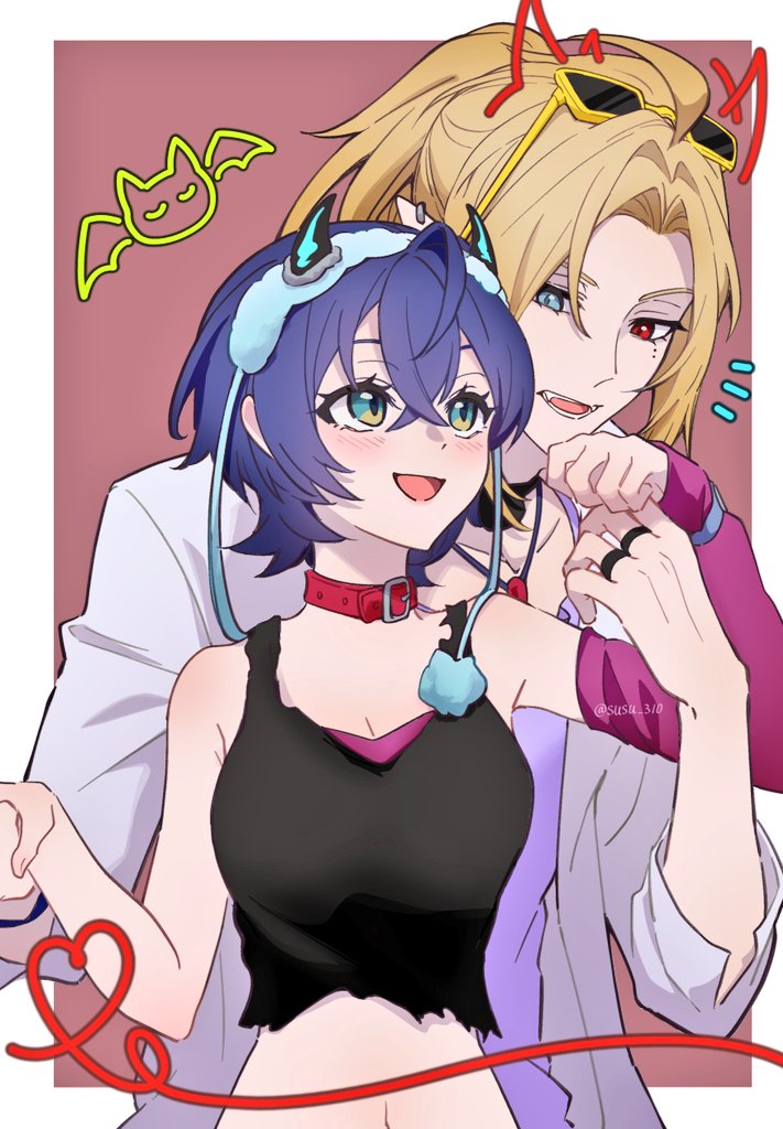 belle (zenless zone zero), hugo vlad, zenless zone zero, 1boy, 1girl, belt collar, black tank top, blonde hair, blue hair, collar, crossed bangs, eyewear on head, fake horns, green eyes, hairband, heterochromia, horn hairband, horns, jacket, jewelry, looking at another, mole, mole under eye, multiple rings, official alternate costume, red collar, ring, smile, sunglasses, susu 310, tank top, upper body, white jacket