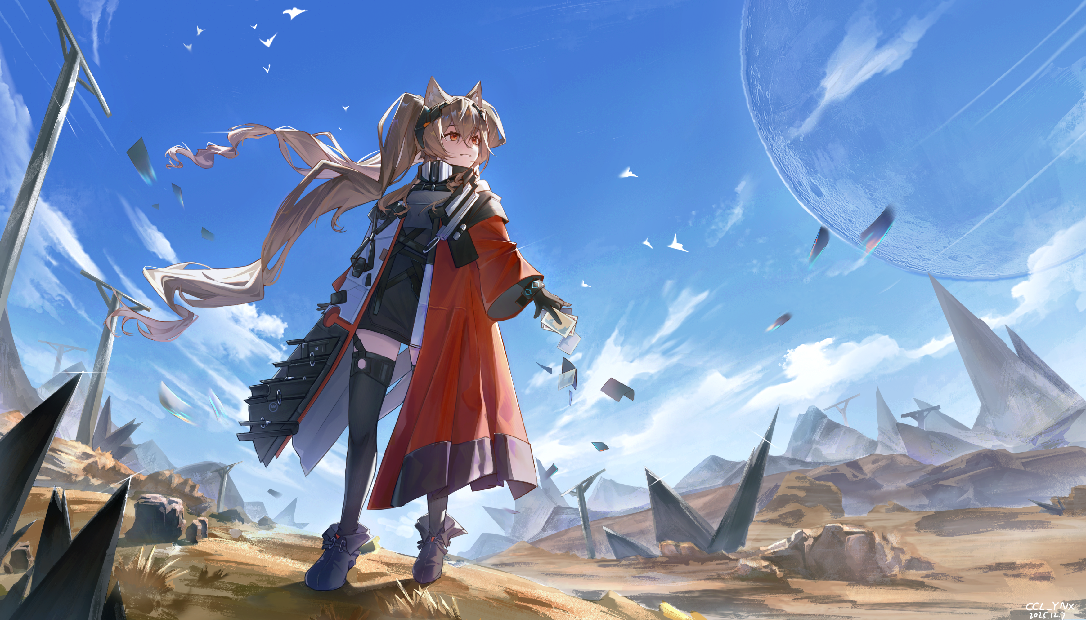 angelina (arknights), gilberta (arknights), infection monitor (arknights), arknights, arknights: endfield, absurdres, commentary, english commentary, highres, 1girl, animal ears, belt, bird, black boots, black thighhighs, blue sky, boots, bracelet, brown hair, cloud, coat, day, dress, dutch angle, floating hair, fold-over boots, fox ears, fox girl, grey dress, headpiece, high belt, high collar, holding, holding photo, jewelry, long hair, moon, open clothes, open coat, orange eyes, originium (arknights), outdoors, photo (object), red coat, scenery, short dress, sky, solo, thighhighs, twintails, xixiliqv0, zettai ryouiki