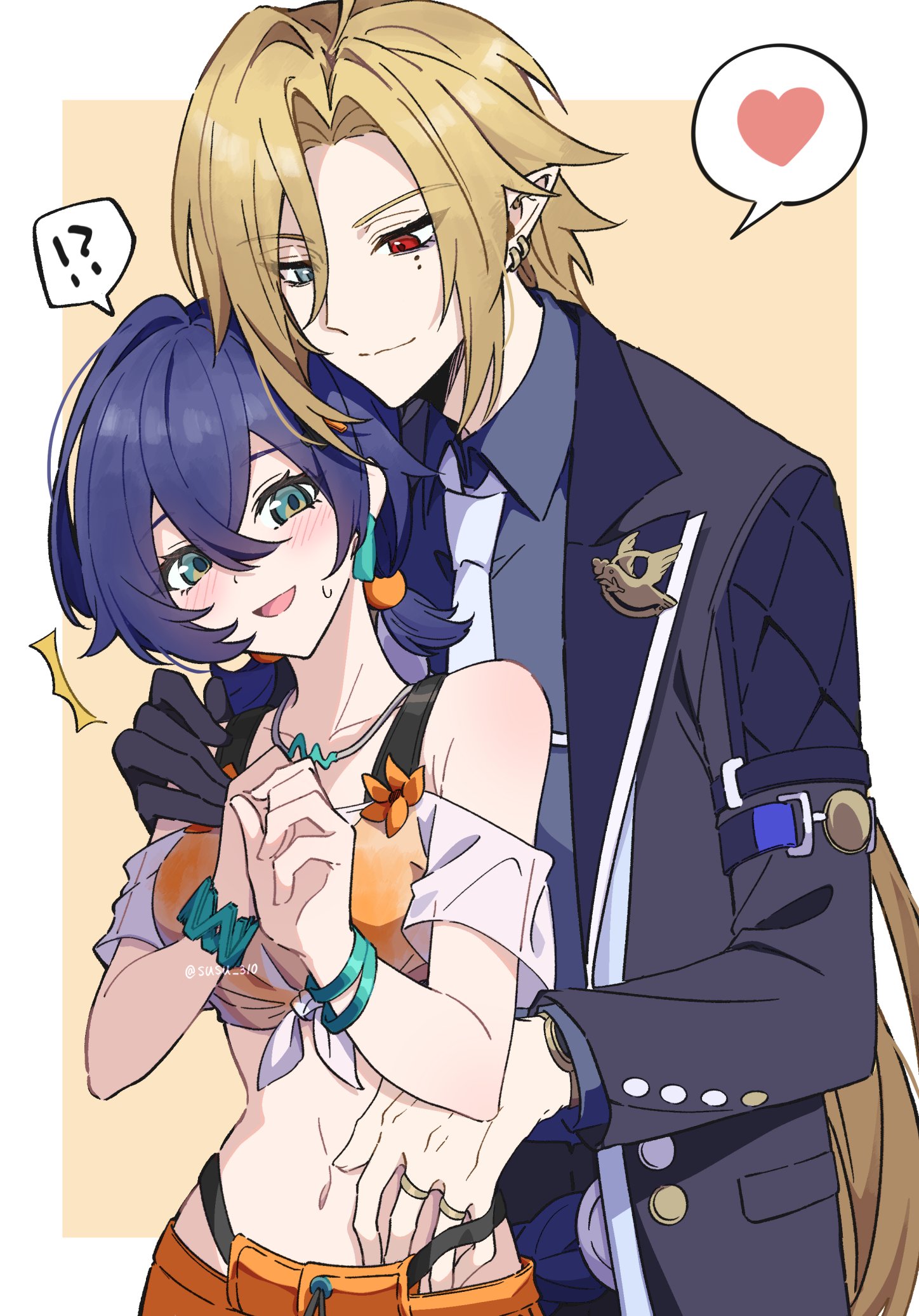 belle (summer skies) (zenless zone zero), belle (zenless zone zero), hugo vlad, zenless zone zero, highres, !?, 1boy, 1girl, bikini, bikini top under shirt, bikini under clothes, black gloves, blonde hair, blush, collared shirt, collared vest, cowboy shot, crossed bangs, gloves, gold ring, green eyes, grey eyes, heart, hetero, heterochromia, jewelry, lapel pin, long hair, mole, mole under eye, multiple rings, necktie, off-shoulder shirt, off shoulder, official alternate costume, orange bikini, orange shorts, pointy ears, purple necktie, purple shirt, red eyes, ring, see-through clothes, see-through shirt, shirt, short hair, shorts, smile, spoken heart, spoken interrobang, susu 310, swimsuit, tied shirt, vest, white shirt