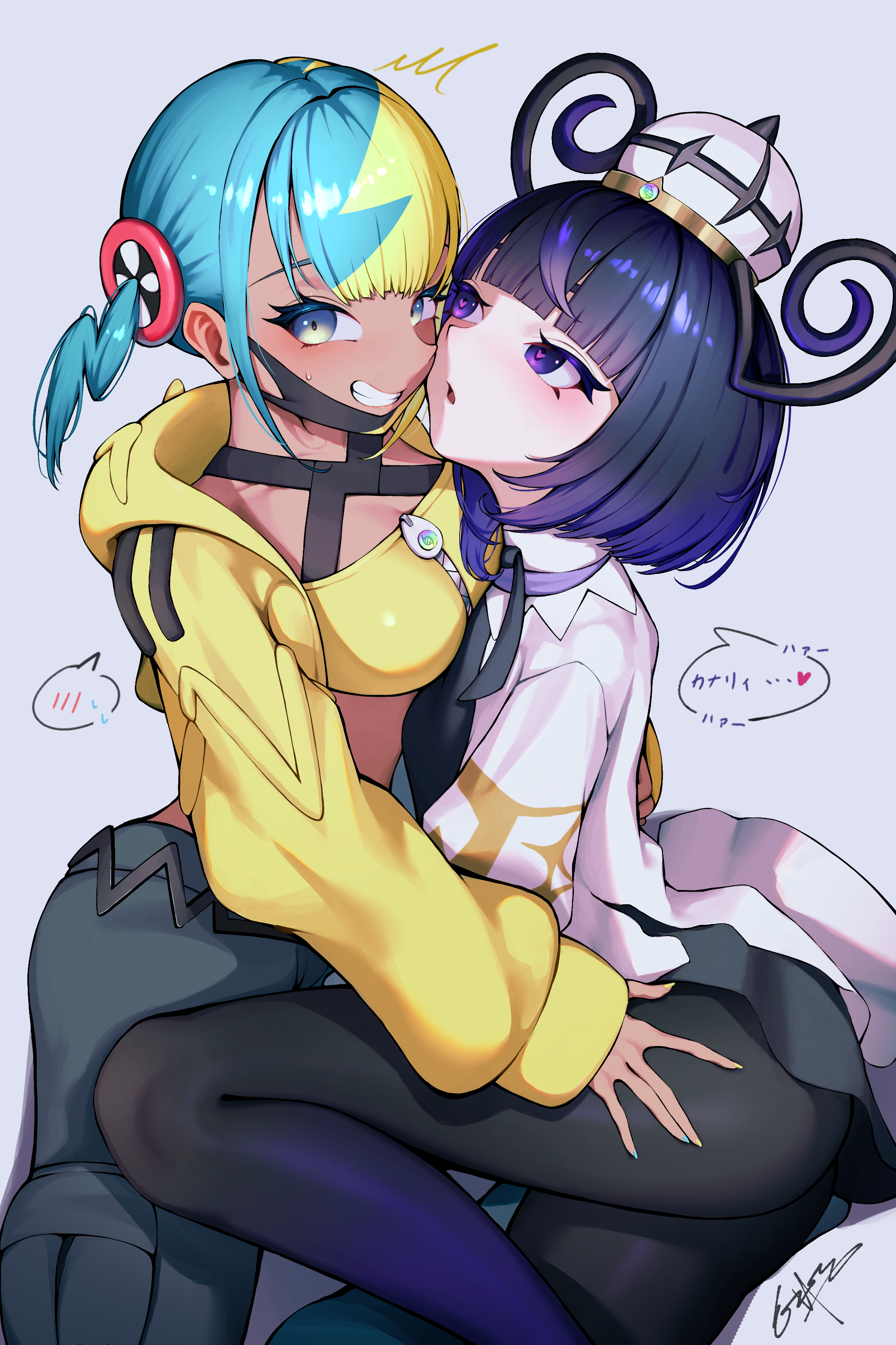 quone9u0ne, canari (pokemon), gwynn (pokemon), nintendo, pokemon, pokemon legends: z-a, absurdres, commentary request, highres, translation request, :o, aqua hair, aqua nails, bandeau, black dress, black hair, black pantyhose, blonde hair, blush, bob cut, coat, cropped jacket, dark-skinned female, dark skin, dress, eyelashes, gradient hair, hands on another's thighs, hat, heart, heart-shaped pupils, hug, jacket, long sleeves, looking at another, looking at viewer, mask, mask pull, mega stone, mouth mask, multicolored hair, multicolored nails, open clothes, open coat, open jacket, open mouth, pants, pantyhose, purple eyes, purple hair, short hair, signature, smile, speech bubble, split-color hair, spoken blush, spoken sweatdrop, sweatdrop, symbol-shaped pupils, teeth, thighs, two-tone hair, two-tone nails, white coat, yellow bandeau, yellow jacket, yellow nails, yuri, zipper, zipper pull tab