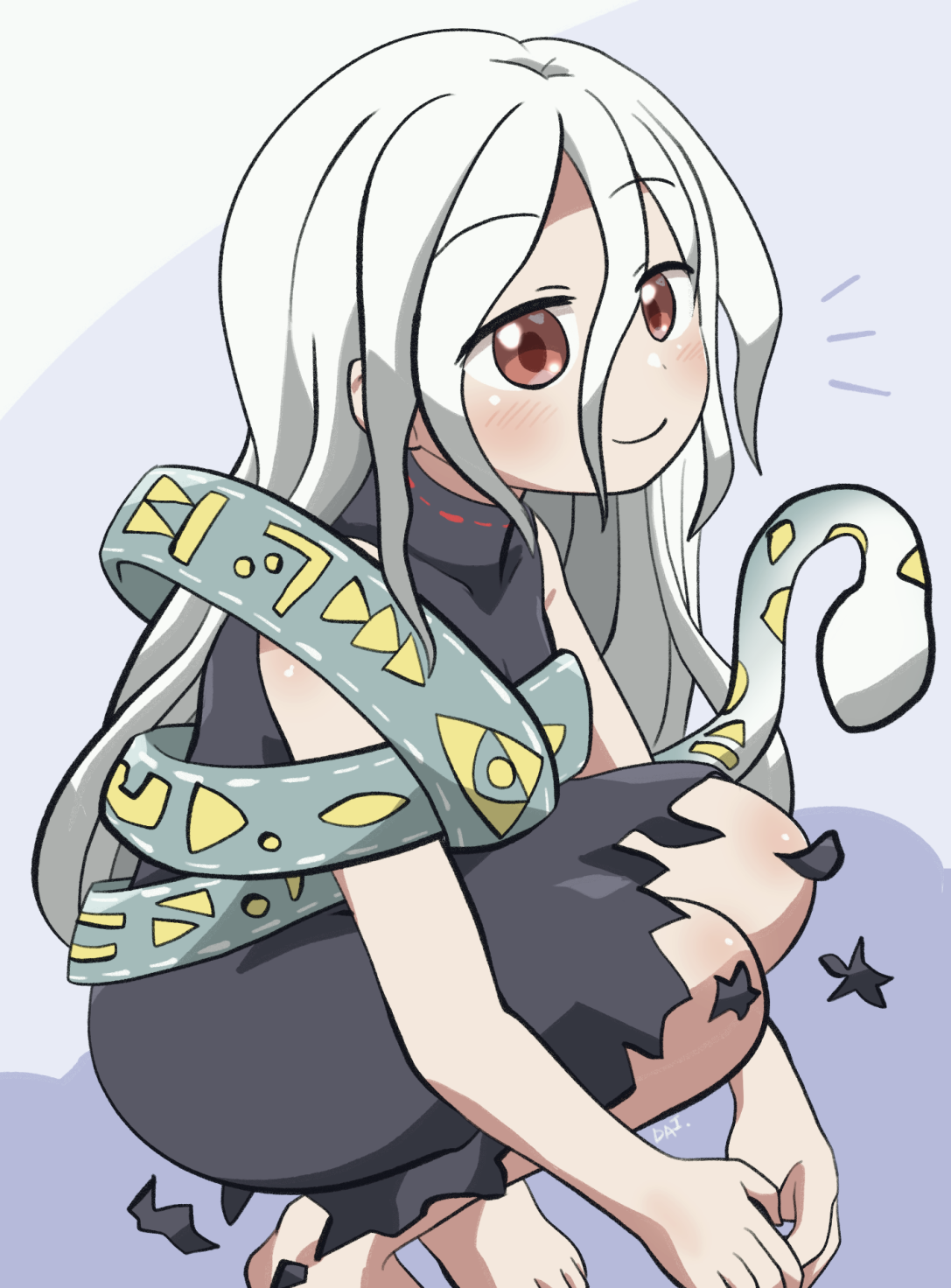 rokugou daisuke, yuiman asama, touhou, commentary request, highres, 1girl, bare arms, bare shoulders, barefoot, black dress, blush, closed mouth, double-parted bangs, dress, full body, hair between eyes, long hair, long hair between eyes, red eyes, signature, sleeveless, sleeveless dress, smile, snake, solo, squatting, white hair