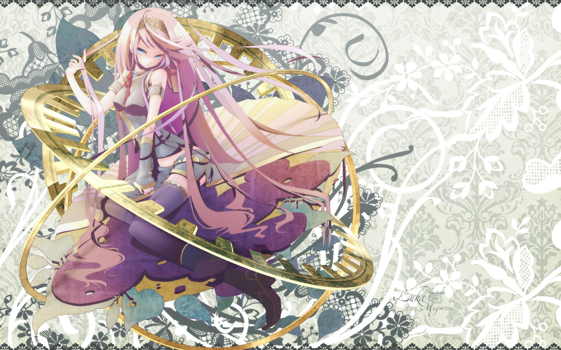 plastick, megurine luka, vocaloid, highres, 1girl, blue eyes, female focus, gears, long hair, pink hair, solo, thighhighs
