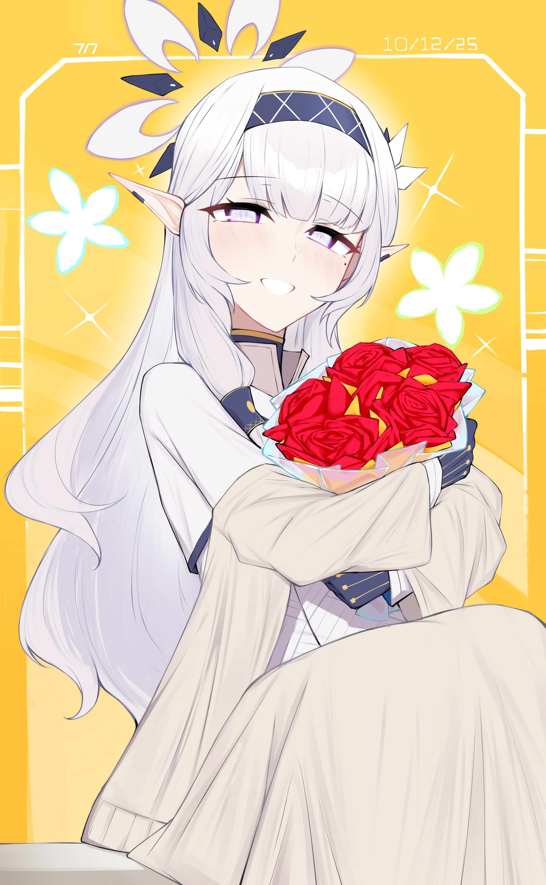 blu berry, himari (blue archive), blue archive, absurdres, commentary, english commentary, highres, 1girl, birthday, black gloves, black hairband, black halo, blanket, bouquet, dated, earclip, flower, gloves, grin, hair tubes, hairband, halo, hugging object, jacket, jacket partially removed, long hair, long sleeves, looking at viewer, mole, mole under eye, multicolored halo, pointy ears, purple eyes, red flower, red rose, rose, shirt, sitting, smile, solo, striped clothes, striped hairband, two-tone halo, white hair, white halo, white shirt, yellow background, yellow jacket