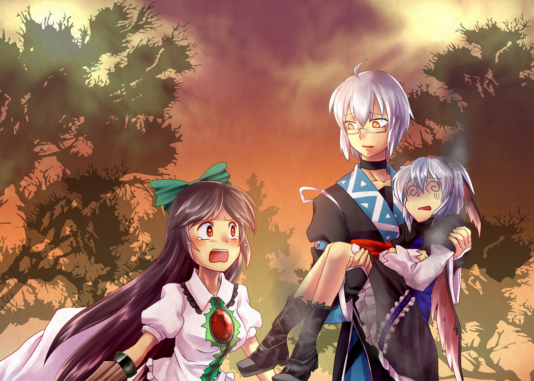 sayama yoshiki, morichika rinnosuke, reiuji utsuho, tokiko (touhou), touhou, bad id, bad pixiv id, 1boy, 2girls, black hair, bow, glasses, head wings, horns, kakusei shitauruchi, long hair, multicolored hair, multiple girls, red eyes, short hair, tears, wings, yellow eyes