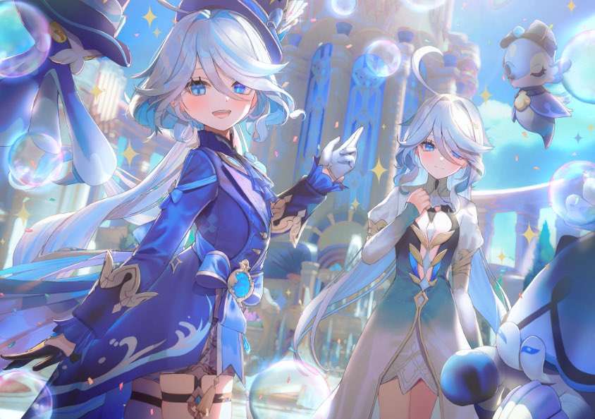 aengdohwa, focalors (genshin impact), furina (genshin impact), gentilhomme usher, mademoiselle crabaletta, surintendante chevalmarin, genshin impact, hashtag-only commentary, 2girls, blue eyes, blue hat, blue jacket, blush, coattails, cowboy shot, day, dress, drop-shaped pupils, from side, gloves, gradient clothes, gradient dress, grey hair, hat, heterochromia, jacket, juliet sleeves, long hair, long sleeves, looking at viewer, multiple girls, open mouth, outdoors, puffy sleeves, shorts, solo, symbol-shaped pupils, teeth, thigh strap, top hat, turning head, upper teeth only, wavy hair, white gloves, white shorts