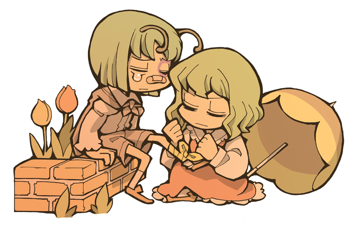 hounori, kazami yuuka, wriggle nightbug, touhou, bad id, bad pixiv id, 2girls, antennae, bandages, bandaid, bandaid on face, bandaid on nose, bruise, cape, closed eyes, female focus, flower, full body, green hair, half-closed eyes, injury, multiple girls, parasol, short hair, sitting, tears, tulip, umbrella