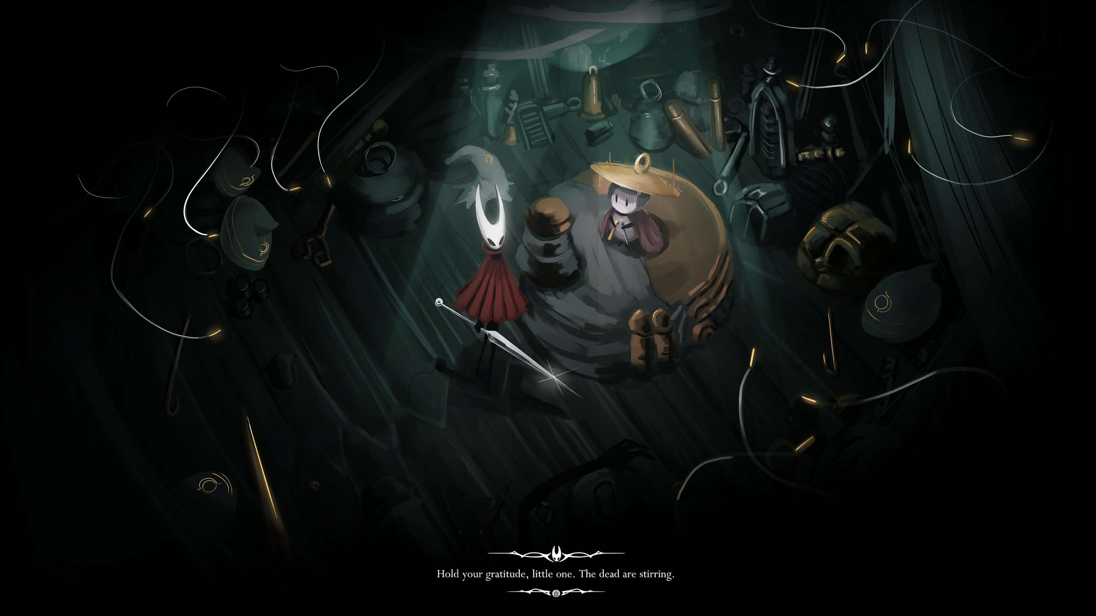 hornet (hollow knight), sherma (hollow knight), hollow knight, hollow knight: silksong, absurdres, highres, 1boy, 1girl, arthropod boy, arthropod girl, bell, black eyes, black skin, cape, choir bellbearer (hollow knight), cloak, colored skin, english text, full body, hat, holding, holding instrument, holding weapon, hollow eyes, horned mask, horns, in-universe location, indoors, instrument, mask, needle (hollow knight), red cloak, rinneg0ne art, standing, thread, weapon, white mask