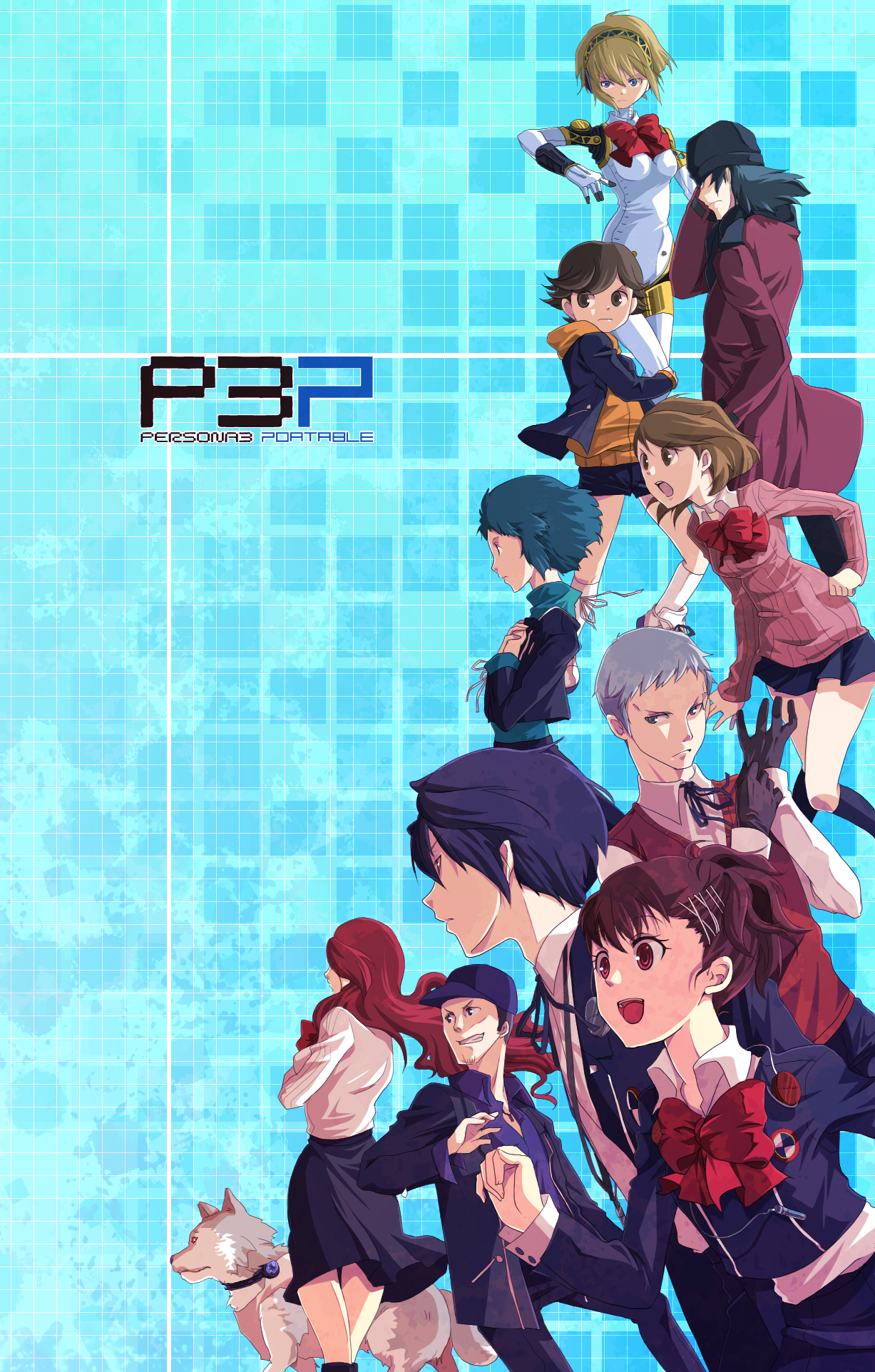 hiiro (kikokico), kiko, aigis (persona), amada ken, aragaki shinjirou, iori junpei, kirijou mitsuru, koromaru (persona), sanada akihiko, shiomi kotone, takeba yukari, yamagishi fuuka, yuuki makoto (persona 3), atlus, persona, persona 3, persona 3 portable, bad id, bad pixiv id, highres, 5boys, 5girls, android, animal, aqua hair, beanie, blonde hair, blue eyes, blue hair, bow, brown hair, dog, everyone, hat, headphones, mp3 player, multiple boys, multiple girls, red eyes, red hair, ribbon, s.e.e.s, school uniform, white hair