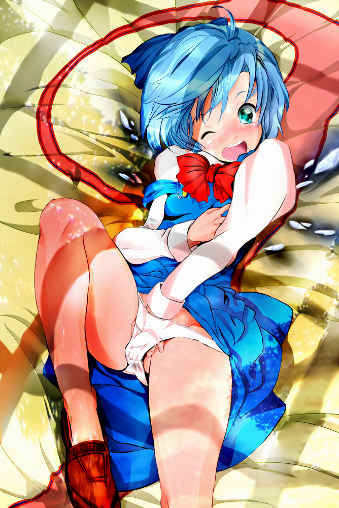 reri, cirno, phantasmagoria of flower view, touhou, 1girl, bed, blue bow, blue eyes, blue hair, blush, bow, bowtie, circled 9, clothes lift, dress, dress lift, female focus, female masturbation, hair bow, hand in panties, loli, lying, masturbation, matching hair/eyes, panties, red bow, red bowtie, shoes, short hair, solo, underwear, wings