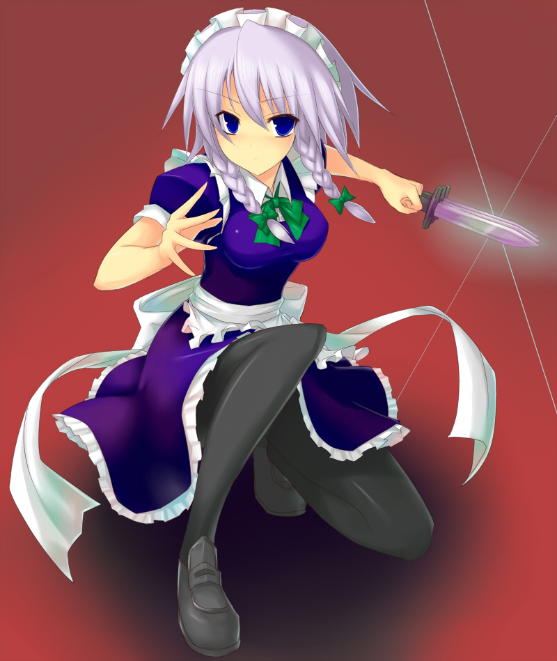 tsukumiya amane, izayoi sakuya, touhou, silver hair, bad id, bad pixiv id, 1girl, black pantyhose, blue eyes, bow, braid, breasts, female focus, gradient background, hair bow, hairband, kneeling, knife, loafers, maid, maid headdress, pantyhose, shirt, shoes, short hair, solo, staring, taut clothes, taut shirt, throwing knife, twin braids, weapon