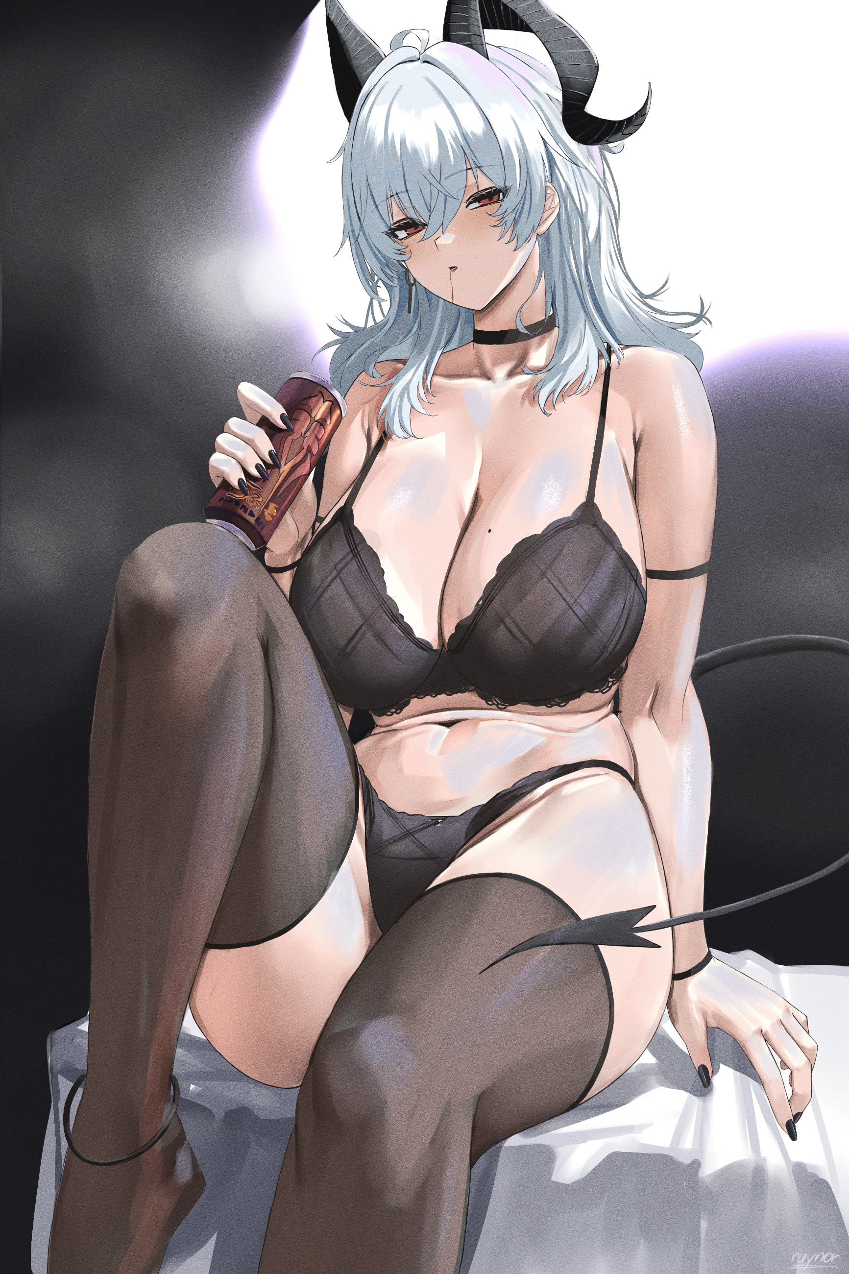 nuo (fttv3255), zani (wuthering waves), wuthering waves, absurdres, commentary, highres, 1girl, ahoge, alternate breast size (larger), bare shoulders, black choker, black horns, black nails, black tail, black thighhighs, breasts, can, choker, cleavage, collarbone, curled horns, demon tail, drink can, fingernails, foot out of frame, hair between eyes, holding, holding can, horns, huge breasts, knee up, looking at viewer, mole, mole on breast, nail polish, navel, red eyes, sitting, solo, stomach, tail, thighhighs, thighs