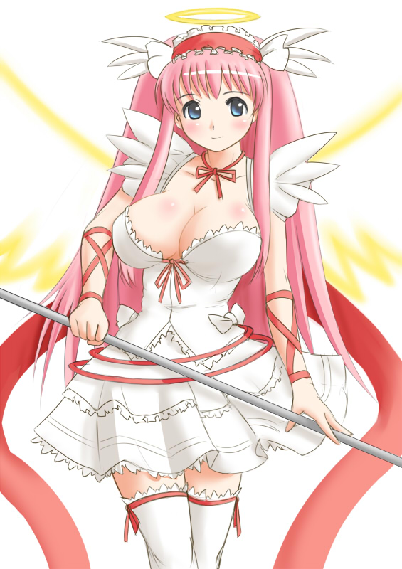 ginjyasei, haramura nodoka, nodocchi, saki (manga), 00s, 1girl, angel, blush, breasts, cleavage, female focus, halo, large breasts, long hair, magical girl, pink hair, smile, solo, thighhighs, wings, zettai ryouiki