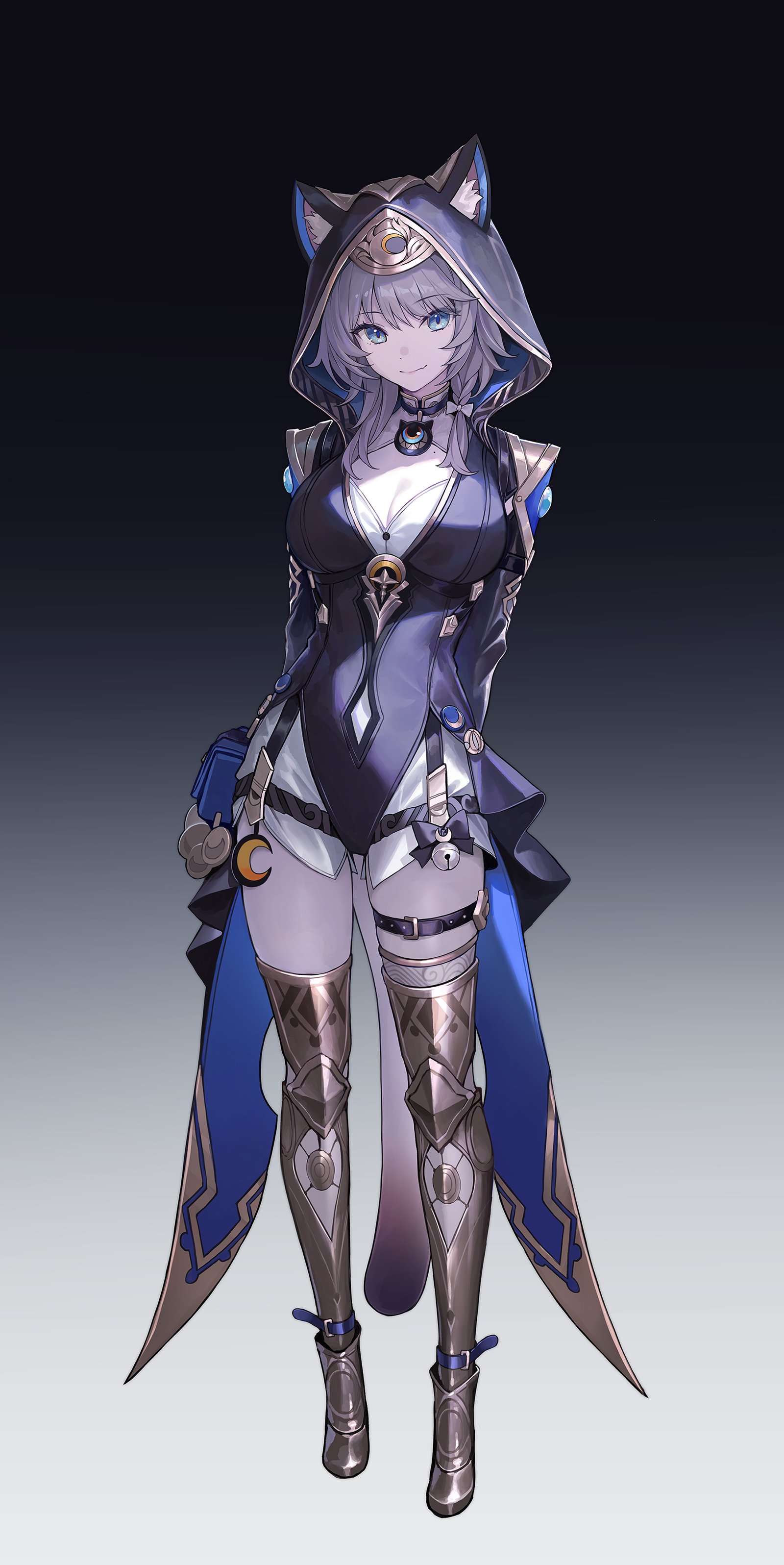 yohaku, cipher (honkai: star rail), honkai: star rail, honkai (series), absurdres, hashtag-only commentary, highres, 1girl, animal ears, animal hood, arms behind back, bell, belt, blue eyes, boots, bow, braid, breasts, cat ears, cat girl, cat tail, choker, cleavage, coin, crescent, crescent hair ornament, full body, gradient background, grey hair, hair ornament, hood, large breasts, leotard, pouch, shirt, tail, thigh boots, thigh strap
