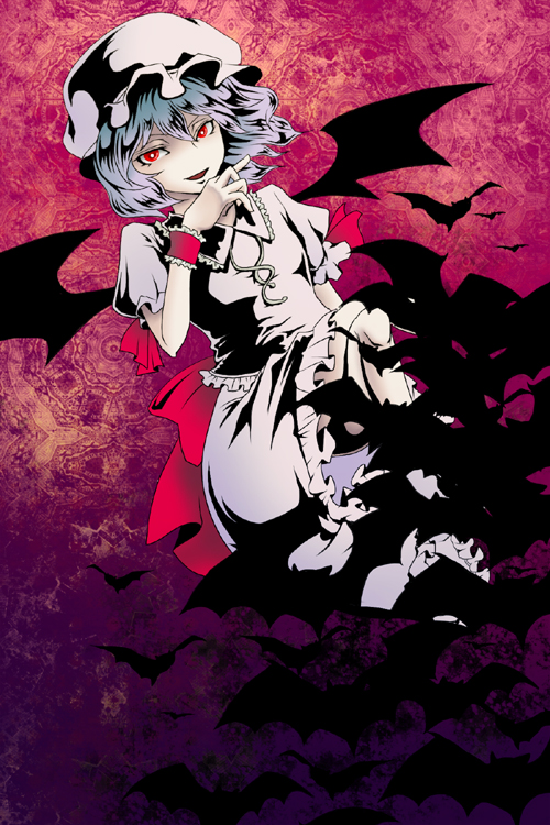 xtoricox, remilia scarlet, touhou, 1girl, bat (animal), bat wings, female focus, hat, red eyes, short hair, solo, wings