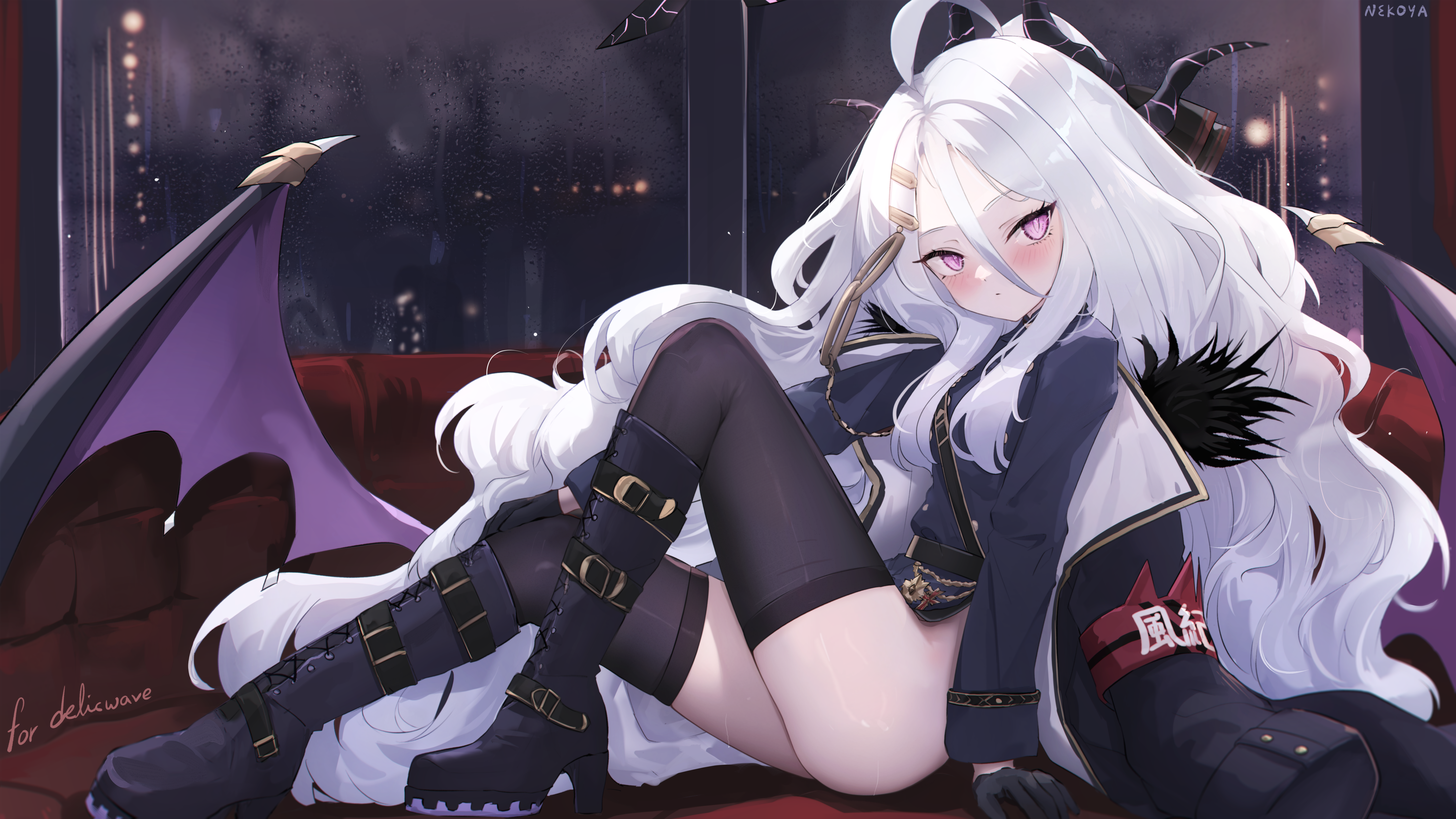 nekoya (liu), hina (blue archive), blue archive, absurdres, commentary, commission, highres, pixiv commission, 1girl, ahoge, black gloves, black thighhighs, boots, demon wings, gloves, halo, horns, long hair, looking at viewer, purple eyes, sitting, solo, thighhighs, white hair, wings