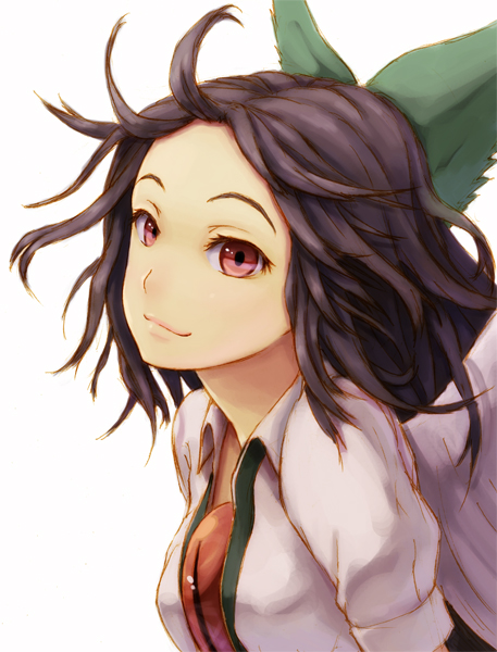 kurione (pixiv), kurione (zassou), reiuji utsuho, touhou, bad id, bad pixiv id, 1girl, black hair, female focus, forehead, light smile, red eyes, simple background, smile, solo, upper body