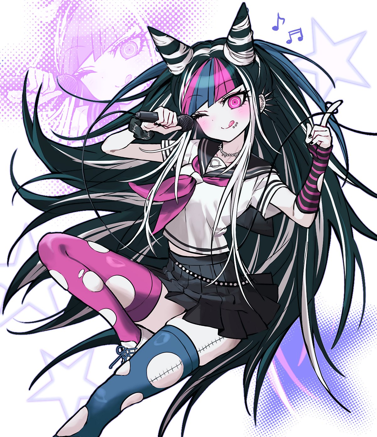 ddongmura, mioda ibuki, danganronpa (series), danganronpa 2: goodbye despair, commentary request, hashtag-only commentary, highres, 1girl, ;q, black hair, black nails, black sailor collar, black skirt, blue hair, blue streaks, blush, cable, collarbone, collared shirt, ear piercing, elbow gloves, eyelashes, face piercing, fingerless gloves, fingernails, gloves, hair horns, holding, holding microphone, index finger raised, jewelry, long hair, microphone, mismatched thighhighs, mouth piercing, multicolored hair, musical note, nail polish, neckerchief, necklace, one eye closed, piercing, pink eyes, pink hair, pink neckerchief, pink streaks, sailor collar, school uniform, scrunchie, serafuku, shirt, shoelaces, shoes, short sleeves, single elbow glove, single fingerless glove, skirt, smile, solo, star (symbol), stitches, streaked hair, striped clothes, striped gloves, tongue, tongue out, white hair, white shirt, white shoes, wrist scrunchie, zoom layer