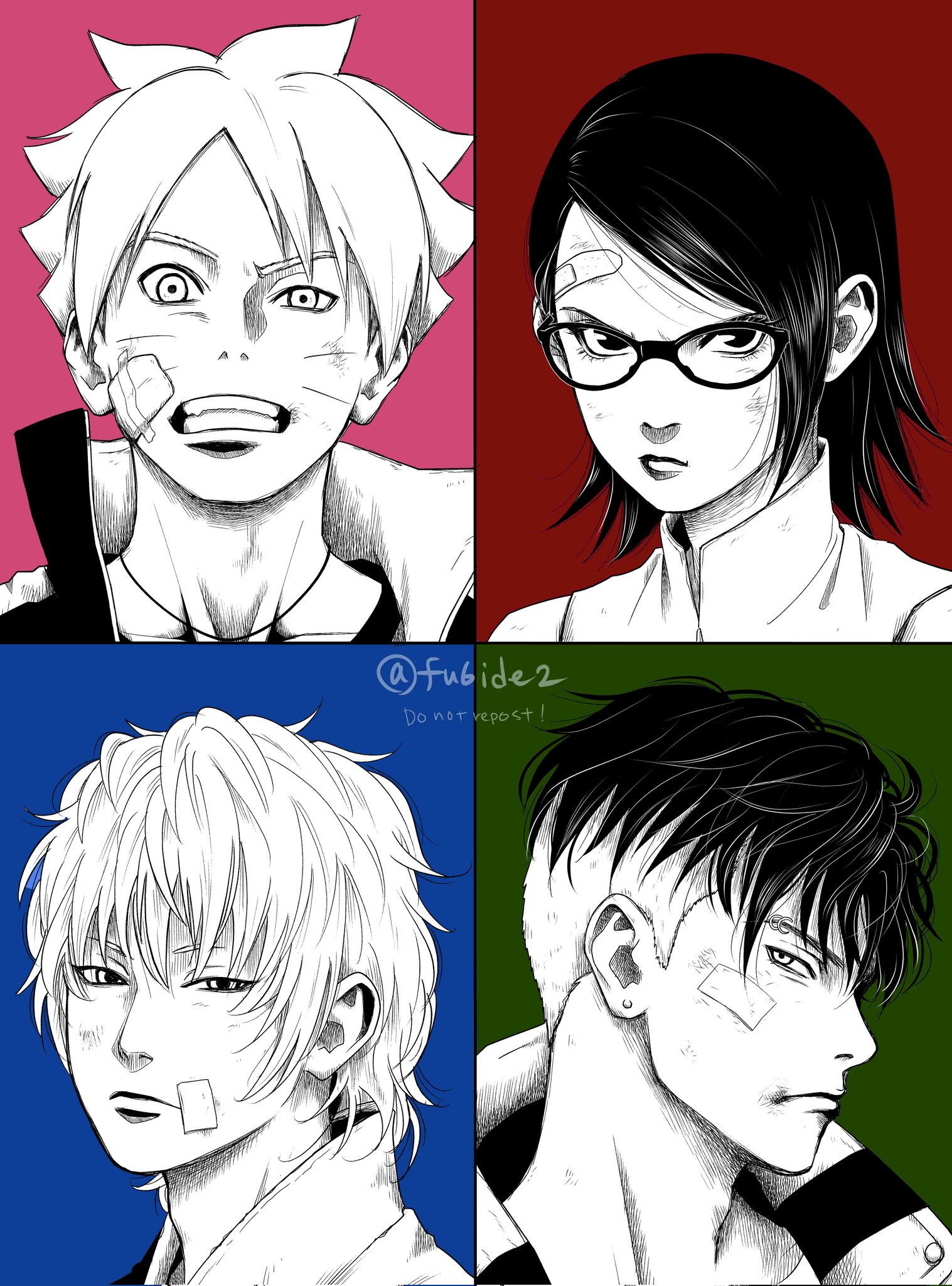 matsu (fu6ide2), kawaki (boruto), mitsuki (naruto), uchiha sarada, uzumaki boruto, boruto: naruto next generations, naruto (series), commentary request, highres, 1girl, 3boys, bandaid, bandaid on cheek, bandaid on face, bandaid on forehead, bruise, bruise on face, clenched teeth, dirty, dirty face, earrings, eyebrow piercing, face piercing, facial mark, frown, greyscale with colored background, hatching (texture), injury, jewelry, medium hair, multicolored hair, multiple boys, necklace, piercing, serious, stud earrings, teeth, twitter username, two-tone hair, undercut, watermark, whisker markings