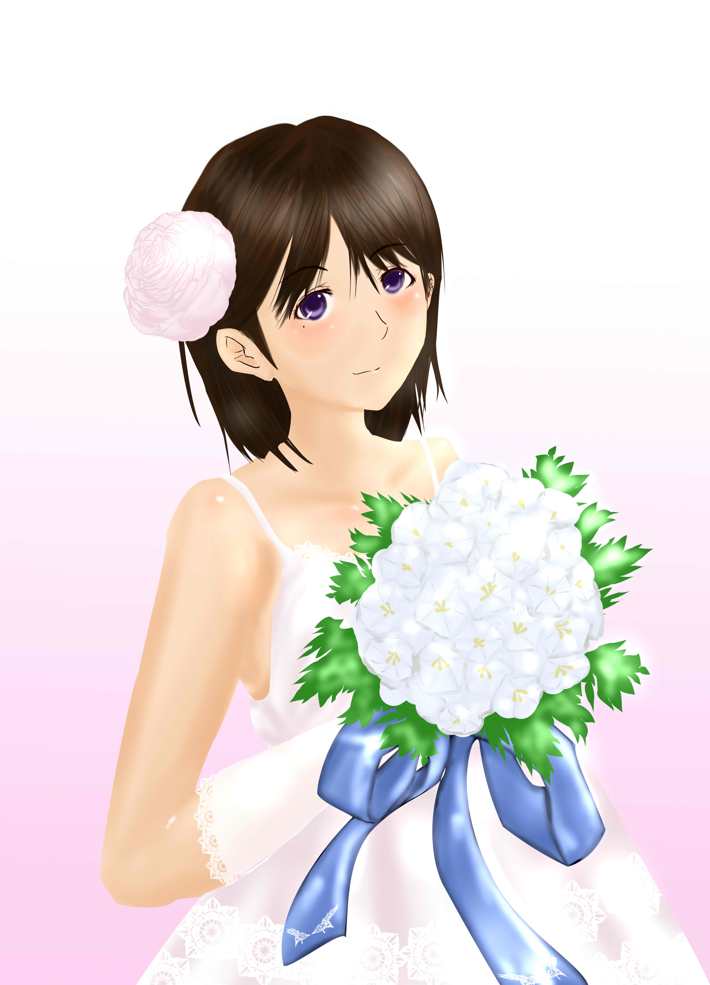 matukan, anegasaki nene, love plus, absurdres, highres, 1girl, bouquet, bride, brown hair, dress, female focus, flower, gradient background, hair ornament, mole, mole under eye, short hair, solo, wedding dress