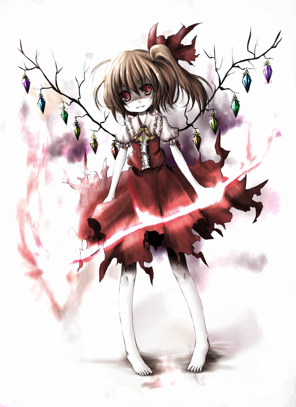 kurona, flandre scarlet, touhou, 1girl, alternate wings, barefoot, blonde hair, female focus, red eyes, ribbon, short hair, side ponytail, solo, wings