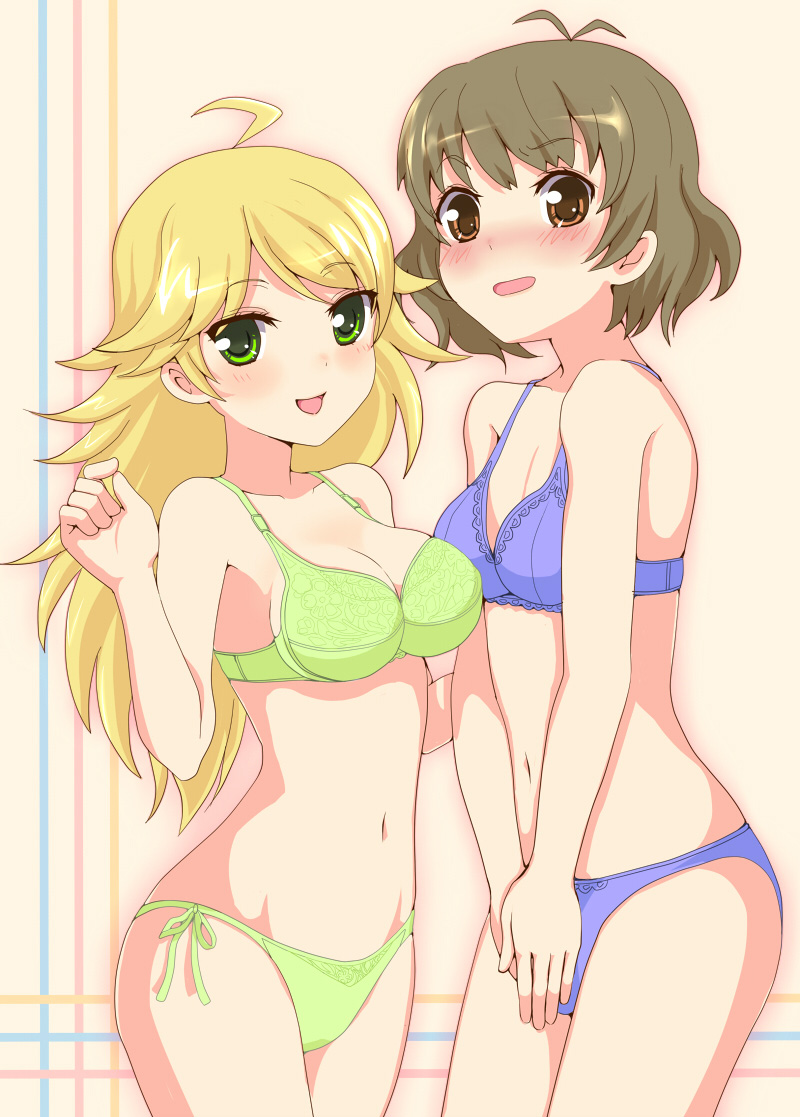 solar kaichuudentou, akizuki ryo, hoshii miki, idolmaster, idolmaster (classic), idolmaster dearly stars, 00s, 1boy, 1girl, blonde hair, blush, bra, brown eyes, brown hair, crossdressing, green eyes, lingerie, panties, trap, underwear, underwear only