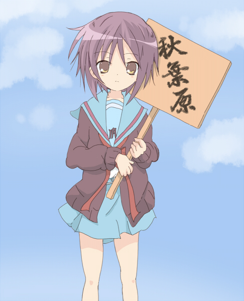core (mayomayo), nagato yuki, suzumiya haruhi no yuuutsu, bad id, bad pixiv id, translation request, 00s, 1girl, brown eyes, cardigan, female focus, grey hair, hitchhiking, holding, holding sign, outdoors, placard, school uniform, serafuku, short hair, sign, sky, solo
