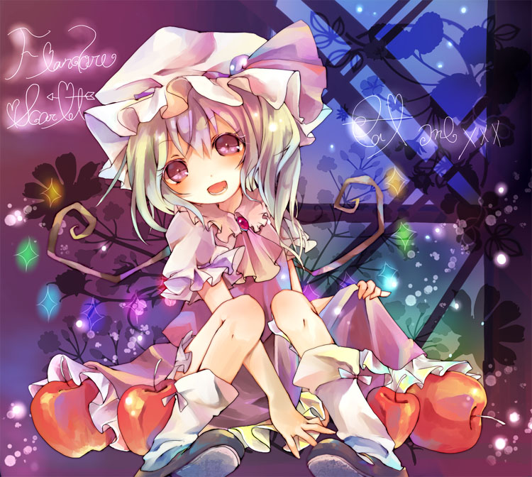 kedama milk, flandre scarlet, touhou, bad id, bad pixiv id, 1girl, apple, blonde hair, colorful, fang, female focus, food, fruit, glowing, hat, head tilt, one side up, open mouth, pink eyes, red eyes, short hair, side ponytail, sitting, smile, socks, solo, white socks, wings