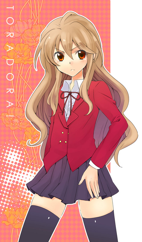 haruno (kanimeshi), aisaka taiga, toradora!, bad id, bad pixiv id, 00s, brown hair, long hair, orange eyes, school uniform, solo, thighhighs