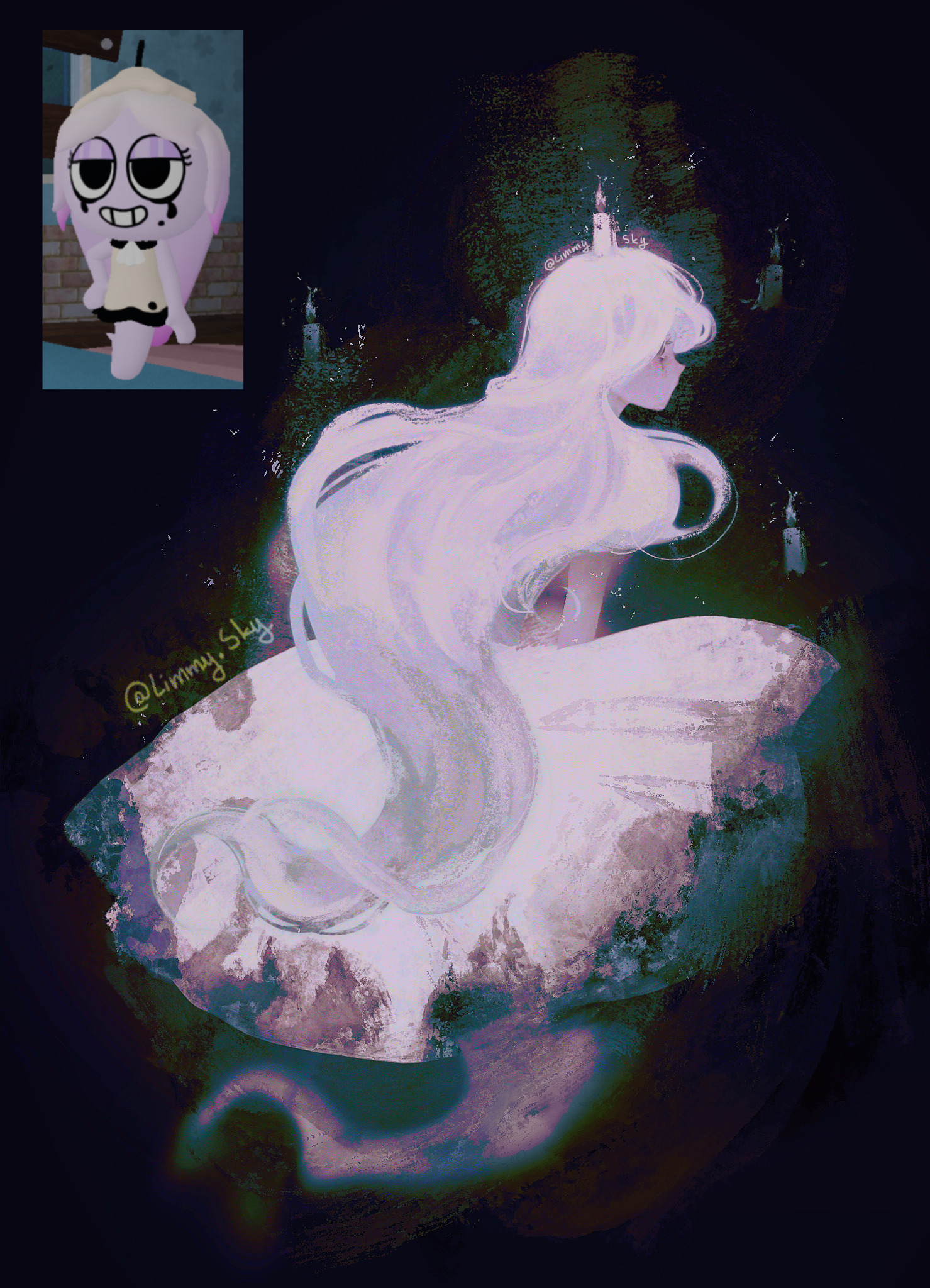 limmysky, dandy's world, roblox, commentary, english commentary, highres, 1girl, bags under eyes, black background, black eyes, candle, candle on head, connie (dandy's world), connie (ghastly glow) (dandy's world), dress, from behind, full body, game screenshot inset, ghost tail, humanization, instagram username, long hair, looking at viewer, looking back, medium dress, no mouth, official alternate color, official alternate costume, profile, puffy short sleeves, puffy sleeves, reference inset, screenshot inset, short sleeves, simple background, solo, very long hair, wavy hair, white dress, white hair