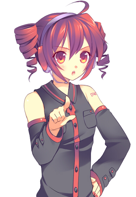 kage (artist), sasakage, kasane teto, kasane teto (utau), utau, vocaloid, bad id, bad pixiv id, 1girl, detached sleeves, drill hair, female focus, headset, orange eyes, red hair, solo, tattoo, twin drills, twintails
