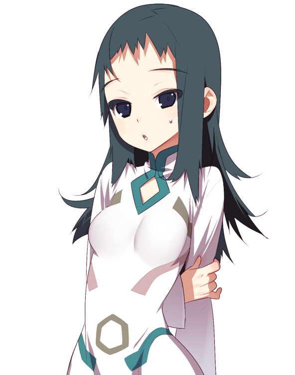 tensugi takashi, mono (shadow of the colossus), shadow of the colossus, bad id, bad pixiv id, 1girl, arms behind back, blue eyes, dress, female focus, green hair, long hair, open mouth, solo, sweat