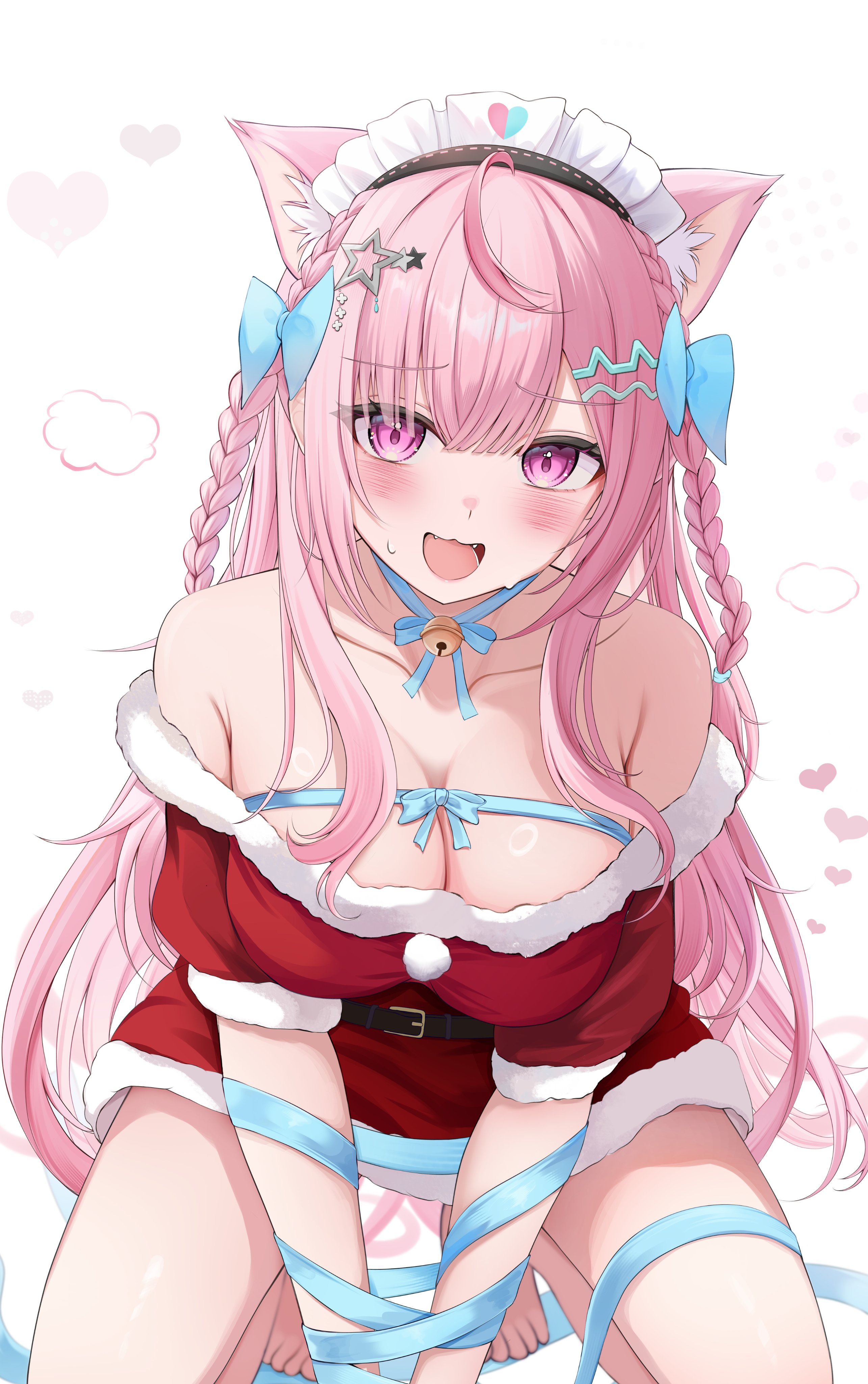 7nopi, yuuki sakuna, indie virtual youtuber, absurdres, commentary request, highres, 1girl, :d, ahoge, animal ear fluff, animal ears, bare shoulders, barefoot, bell, belt, black belt, blue bow, bound, bound arms, bow, braid, breasts, cat ears, cat girl, cleavage, dress, fur-trimmed dress, fur trim, hair bow, hair ornament, jingle bell, large breasts, long hair, looking at viewer, maid headdress, neck bell, neck ribbon, off-shoulder dress, off shoulder, open mouth, pink hair, pom pom (clothes), red dress, ribbon, santa costume, santa dress, short dress, short sleeves, side braids, smile, solo, squatting, star (symbol), star hair ornament, toes, very long hair, virtual youtuber