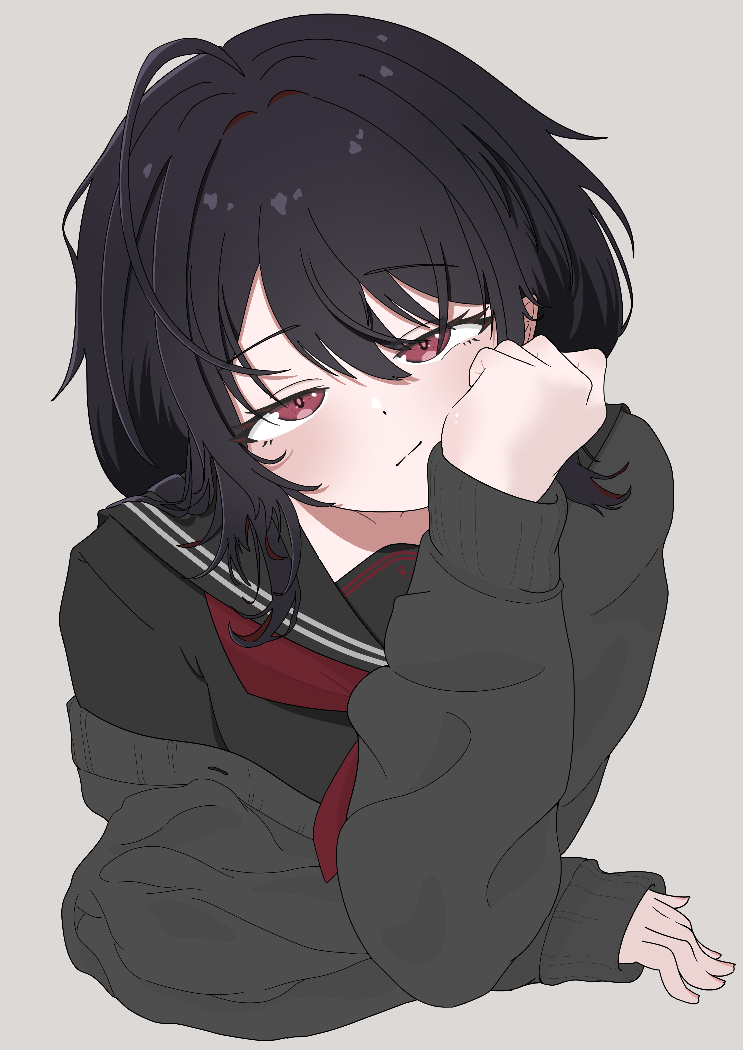 kisaragi ren (5th costume) (vspo!), kisaragi ren (vspo!), vspo!, absurdres, highres, 1girl, :/, ahoge, black cardigan, black hair, black serafuku, blush, cardigan, cheek rest, head tilt, looking at viewer, medium hair, neckerchief, red eyes, red neckerchief, school uniform, serafuku, single off shoulder, solo, suisei manuka, virtual youtuber