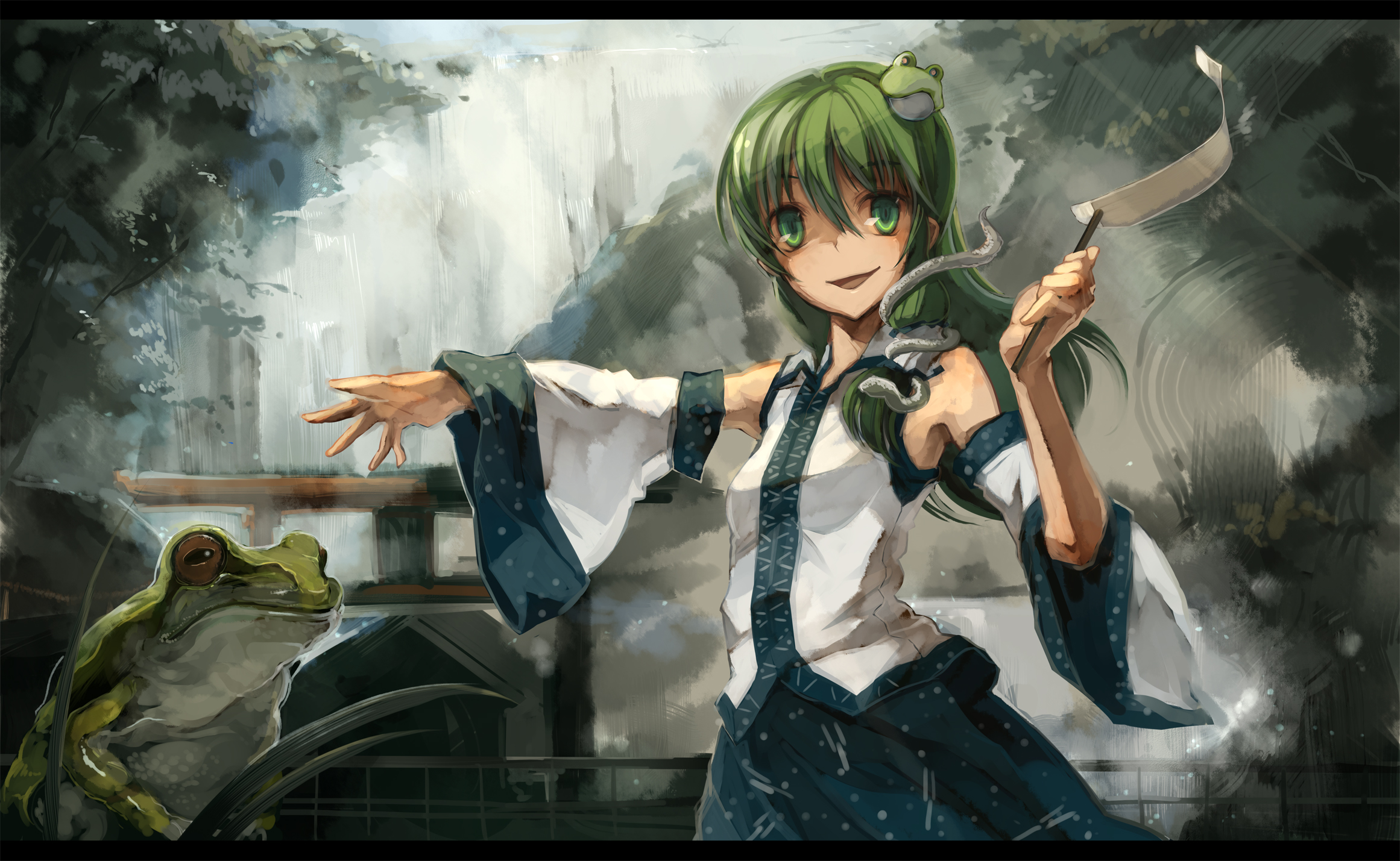 shimadoriru, kochiya sanae, touhou, highres, 1girl, detached sleeves, female focus, frog, green eyes, green hair, hair ornament, japanese clothes, letterboxed, long hair, matching hair/eyes, miko, snake, solo, torii
