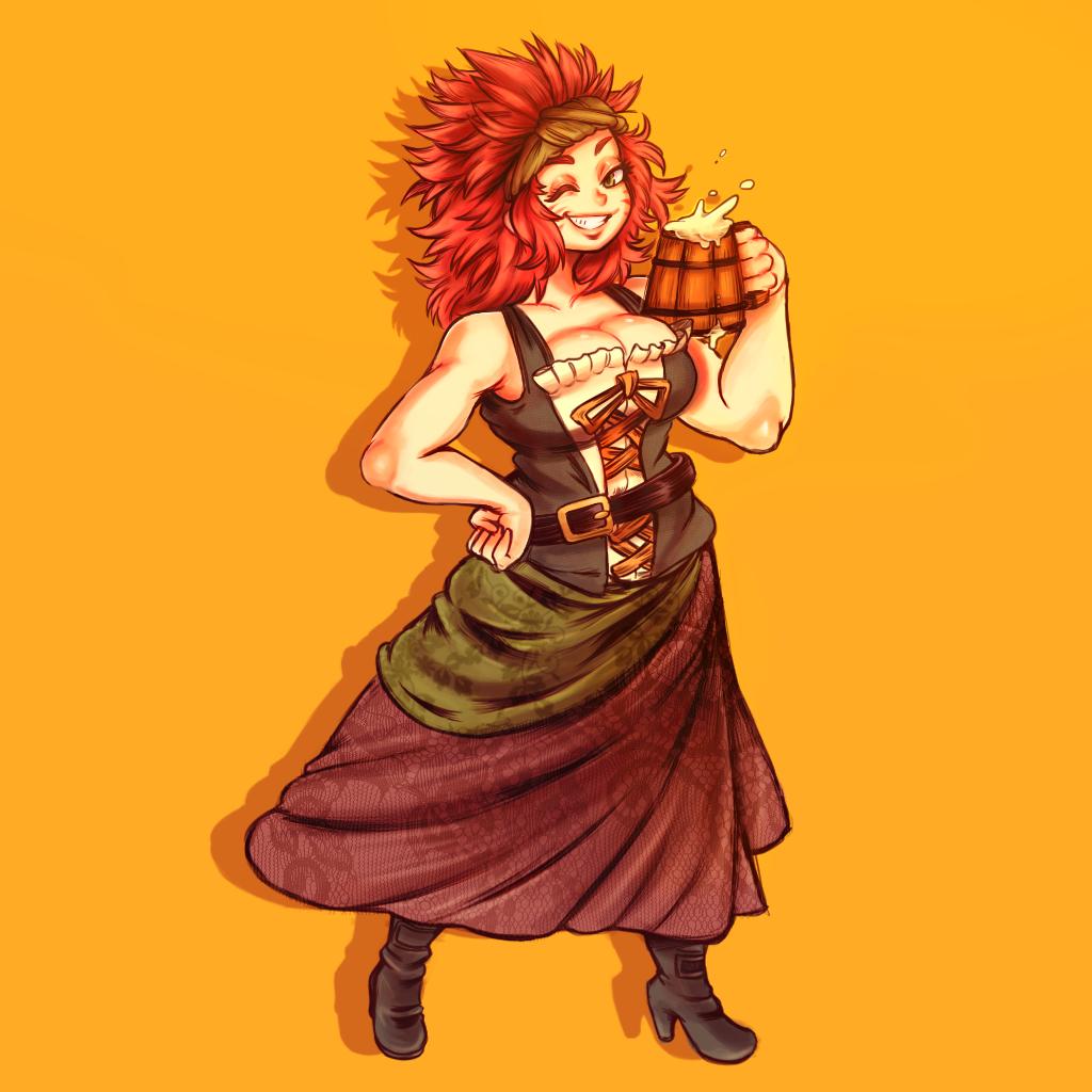 original, clothing request, commentary, commission, english commentary, 1girl, albi tart, belt, black belt, black boots, boots, breasts, cleavage, cup, drop shadow, eyelashes, full body, grin, hand on own hip, high heels, holding, holding cup, lips, long hair, messy hair, one eye closed, orange hair, simple background, sleeveless, smile, solo, teeth, toned, toned female, yellow background