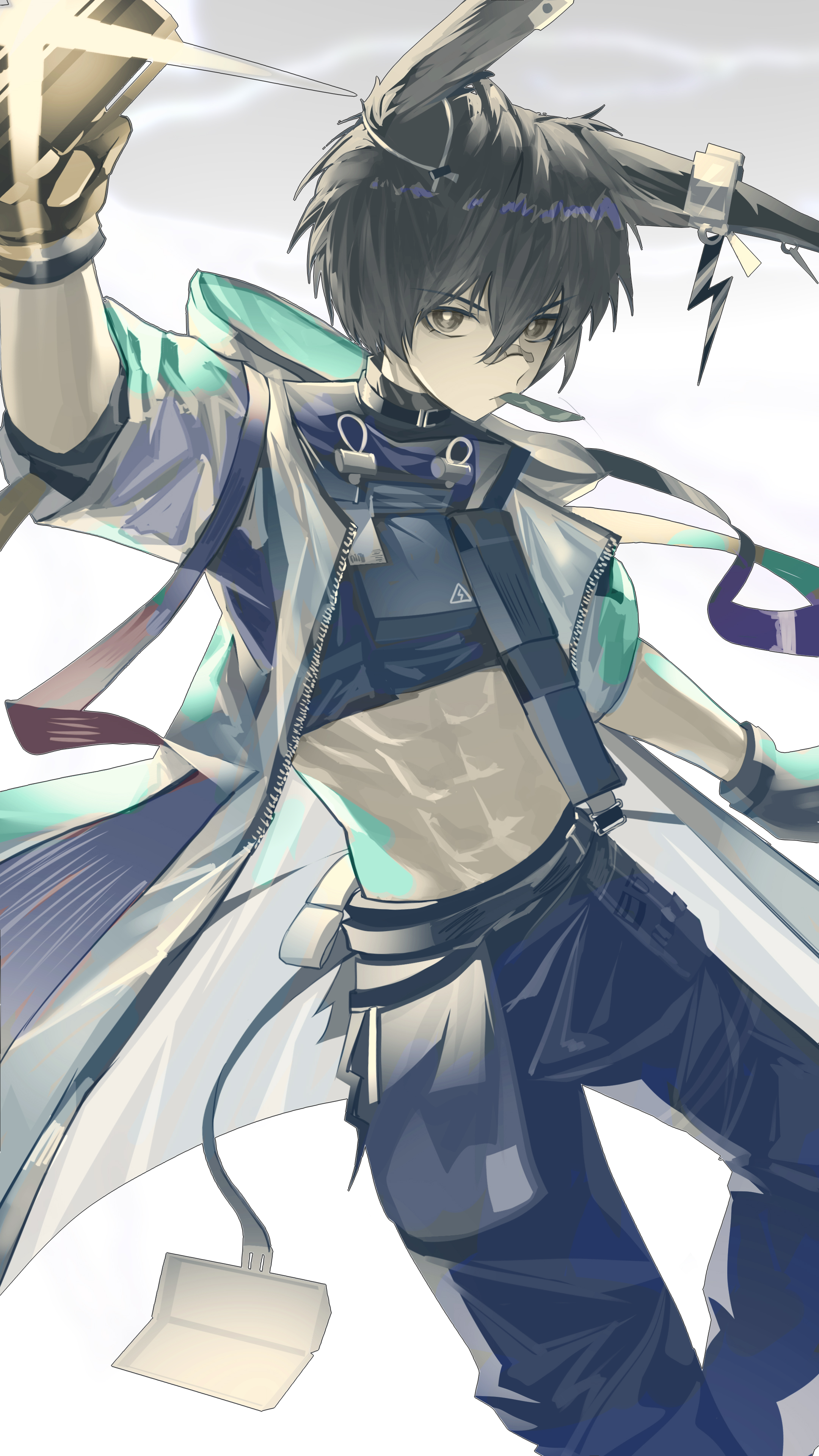 birchboat, ayerscarpe (arknights), arknights, absurdres, highres, 1boy, abs, animal ears, arm up, bandaid, bandaid on face, bandaid on nose, black gloves, black hair, black pants, black shirt, brown eyes, closed mouth, ear ornament, earclip, edamame, food in mouth, gloves, hair between eyes, holding, holding weapon, hood, hooded jacket, jacket, looking at viewer, lop rabbit ears, male focus, midriff, navel, open clothes, open jacket, pants, rabbit boy, rabbit ears, see-through clothes, see-through jacket, shirt, short hair, short sleeves, sidelocks, simple background, solo, standing, standing on one leg, weapon