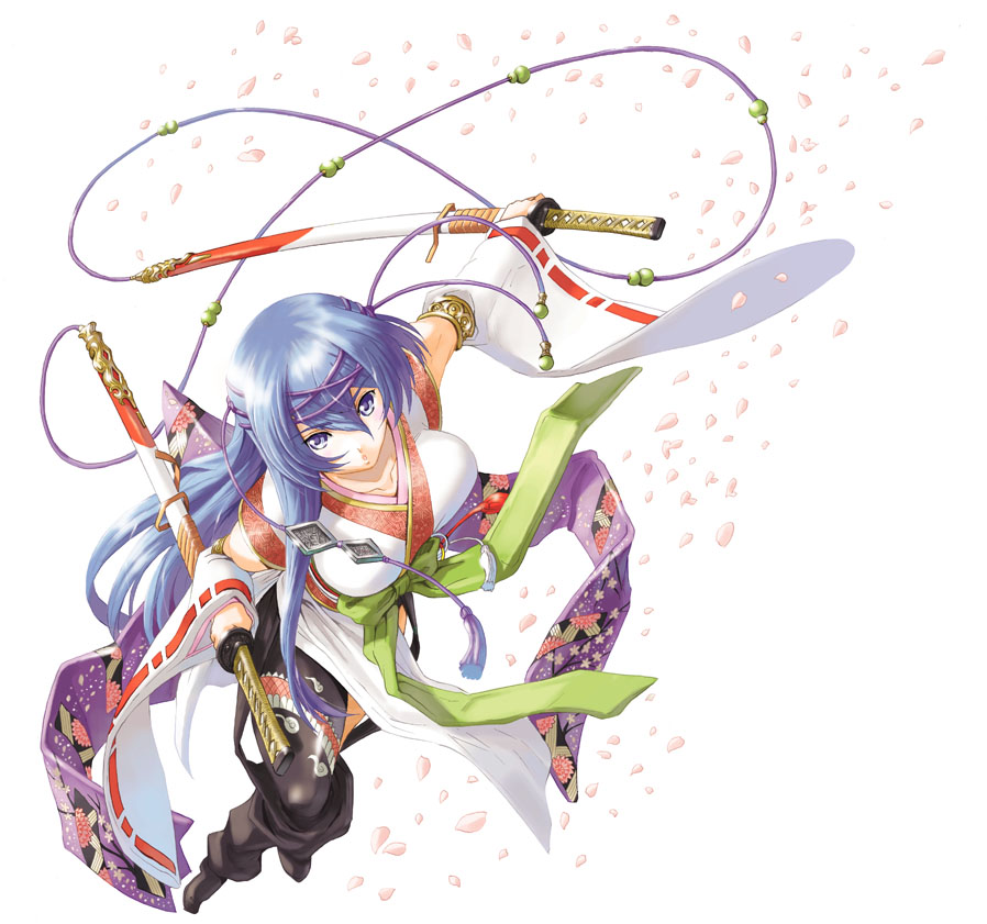 yuu (yuyukaikan), original, 1girl, blue eyes, blue hair, dual wielding, fantasy, female focus, holding, japanese clothes, katana, long hair, matching hair/eyes, petals, sheath, sheathed, solo, sword, weapon