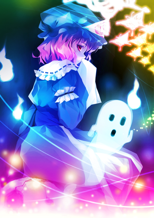 chinchickrin, saigyouji yuyuko, touhou, bad id, bad pixiv id, 1girl, bug, butterfly, danmaku, dress, female focus, ghost, gradient background, hat, insect, japanese clothes, pink hair, red eyes, ribbon, short hair, solo