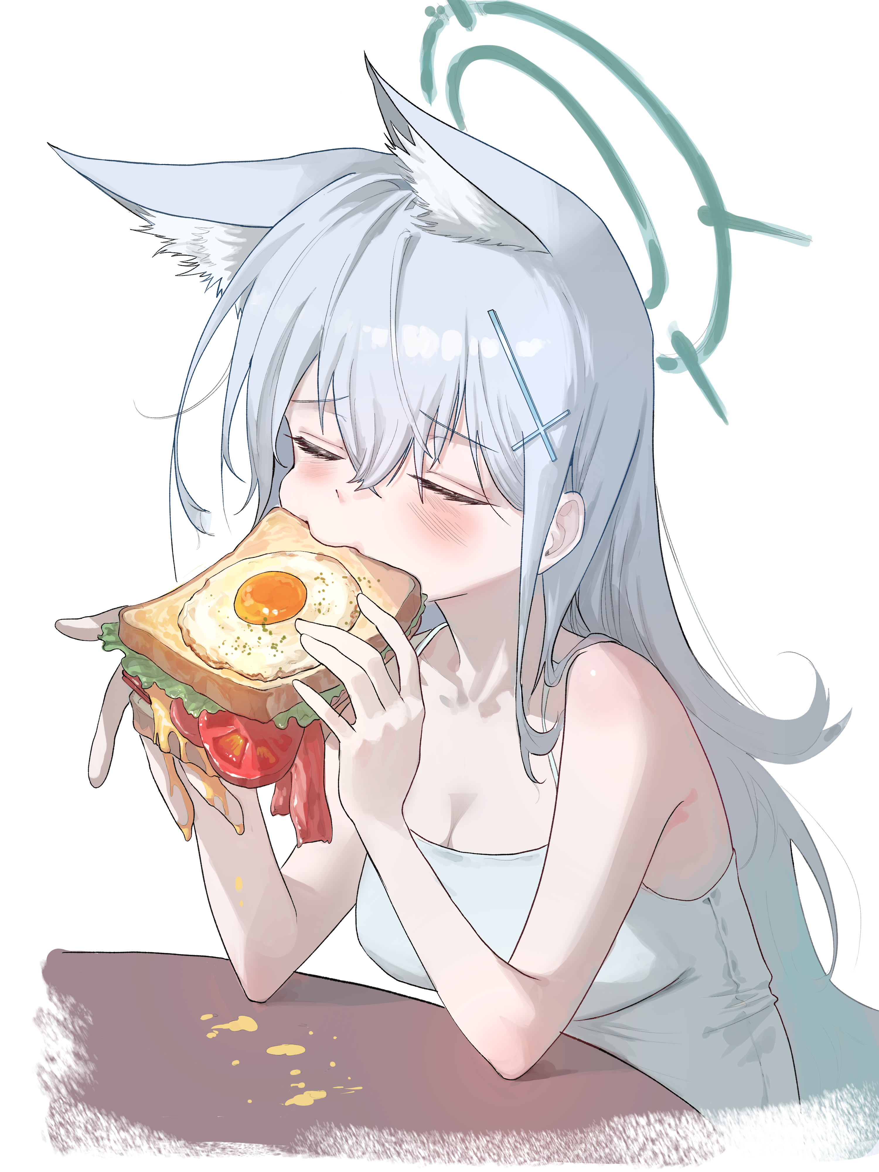 kongaru 123, shiroko terror (blue archive), blue archive, absurdres, highres, 1girl, alternate costume, animal ear fluff, animal ears, bare arms, bare shoulders, blue halo, breasts, cleavage, closed eyes, cross hair ornament, eating, elbow rest, extra ears, food, hair ornament, halo, holding, holding food, large breasts, long hair, sandwich, sidelocks, solo, table, tail, tank top, white tank top, wolf girl, wolf tail