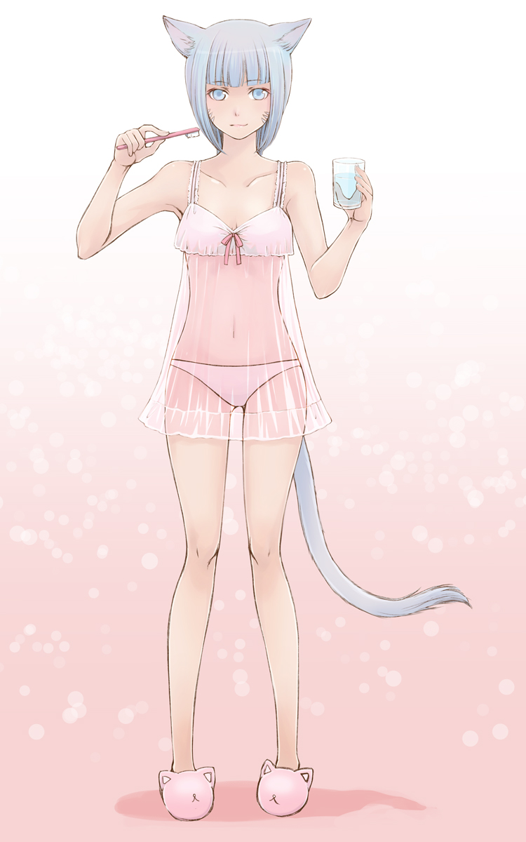 takatsuki kahiro, warrior of light (ff14), final fantasy, final fantasy xiv, highres, 10s, 1girl, animal ears, aqua eyes, aqua hair, cat ears, cat tail, female focus, full body, glass, lingerie, miqo'te, navel, see-through clothes, slippers, solo, tail, toothbrush, underwear, water