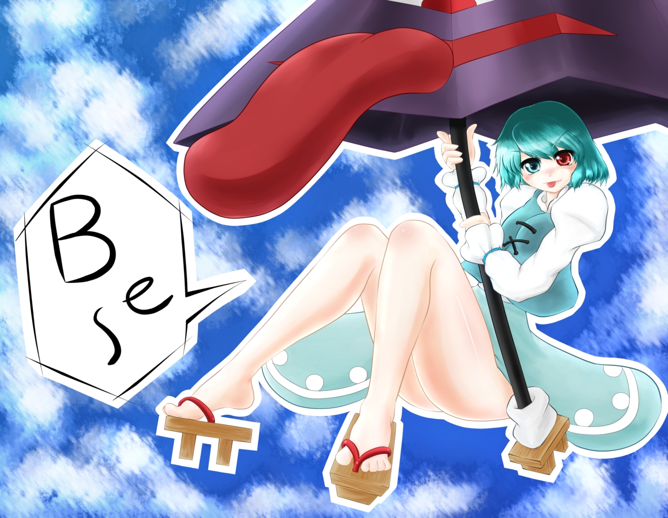 ands3, tatara kogasa, touhou, 1girl, :p, blue eyes, blue hair, feet, female focus, geta, heterochromia, karakasa obake, matching hair/eyes, red eyes, sandals, short hair, solo, tongue, tongue out, umbrella