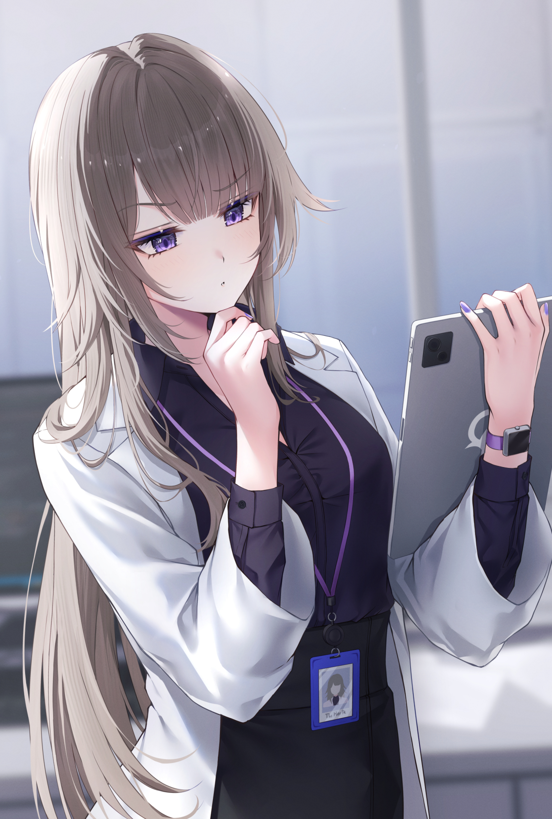 sakuno (sksk sakuno), herta (honkai: star rail), the herta (honkai: star rail), honkai: star rail, honkai (series), absurdres, highres, 1girl, alternate costume, brown hair, coat, hands up, holding, holding tablet pc, id card, indoors, long hair, long sleeves, looking at object, office lady, open clothes, open coat, parted lips, purple eyes, purple nails, tablet pc, upper body, watch, white coat, wristwatch