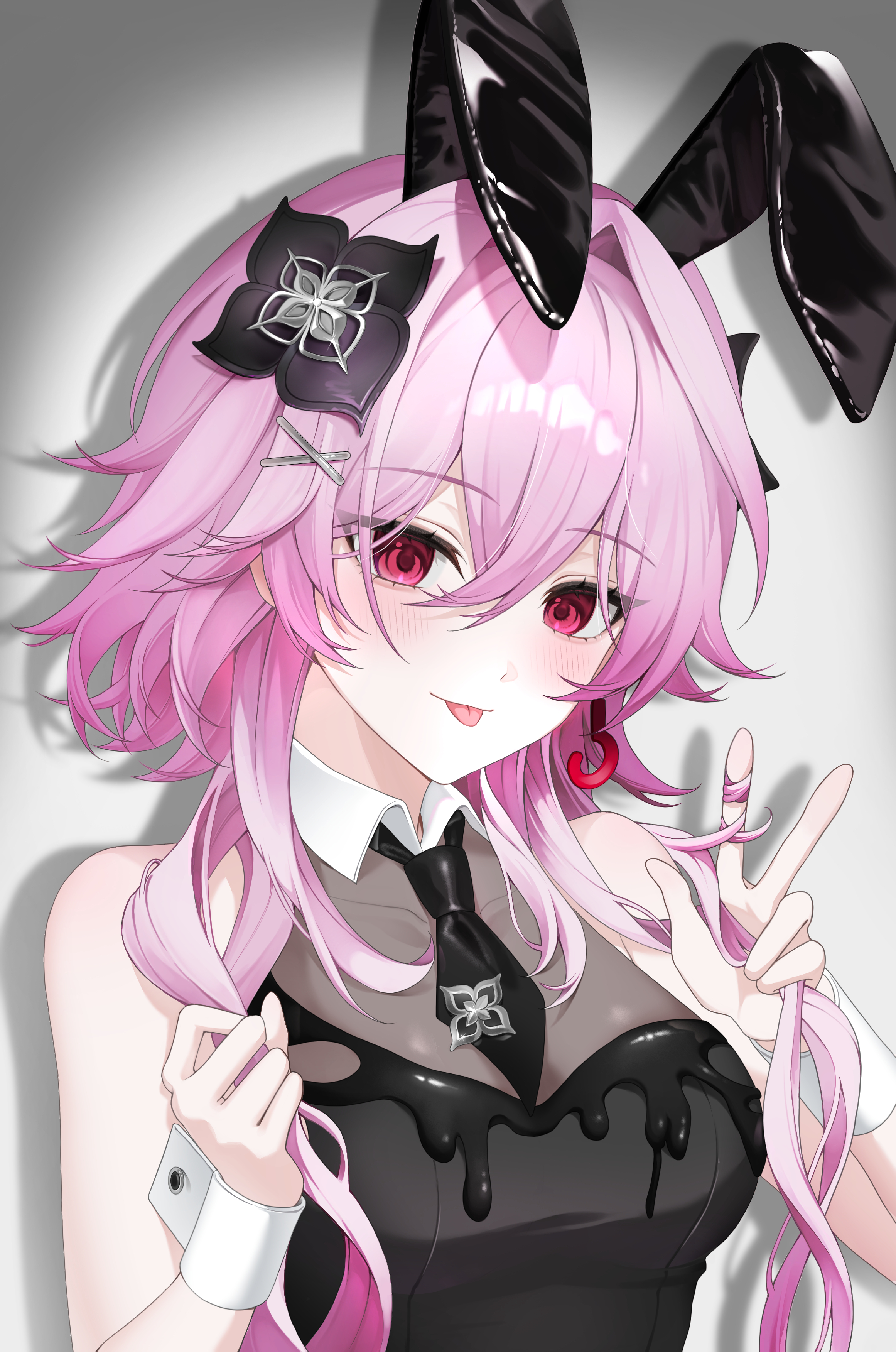 hamo (miyo rmo2), evernight (honkai: star rail), march 7th (honkai: star rail), honkai: star rail, honkai (series), absurdres, hashtag-only commentary, highres, 1girl, :p, animal ears, bare shoulders, breasts, earrings, fake animal ears, flower, hair between eyes, hair ornament, jewelry, light blush, long hair, looking at viewer, medium breasts, necktie, pink hair, playboy bunny, rabbit ears, red eyes, shadow, single earring, smile, solo, tongue, tongue out, upper body, very long hair, wrist cuffs, x hair ornament